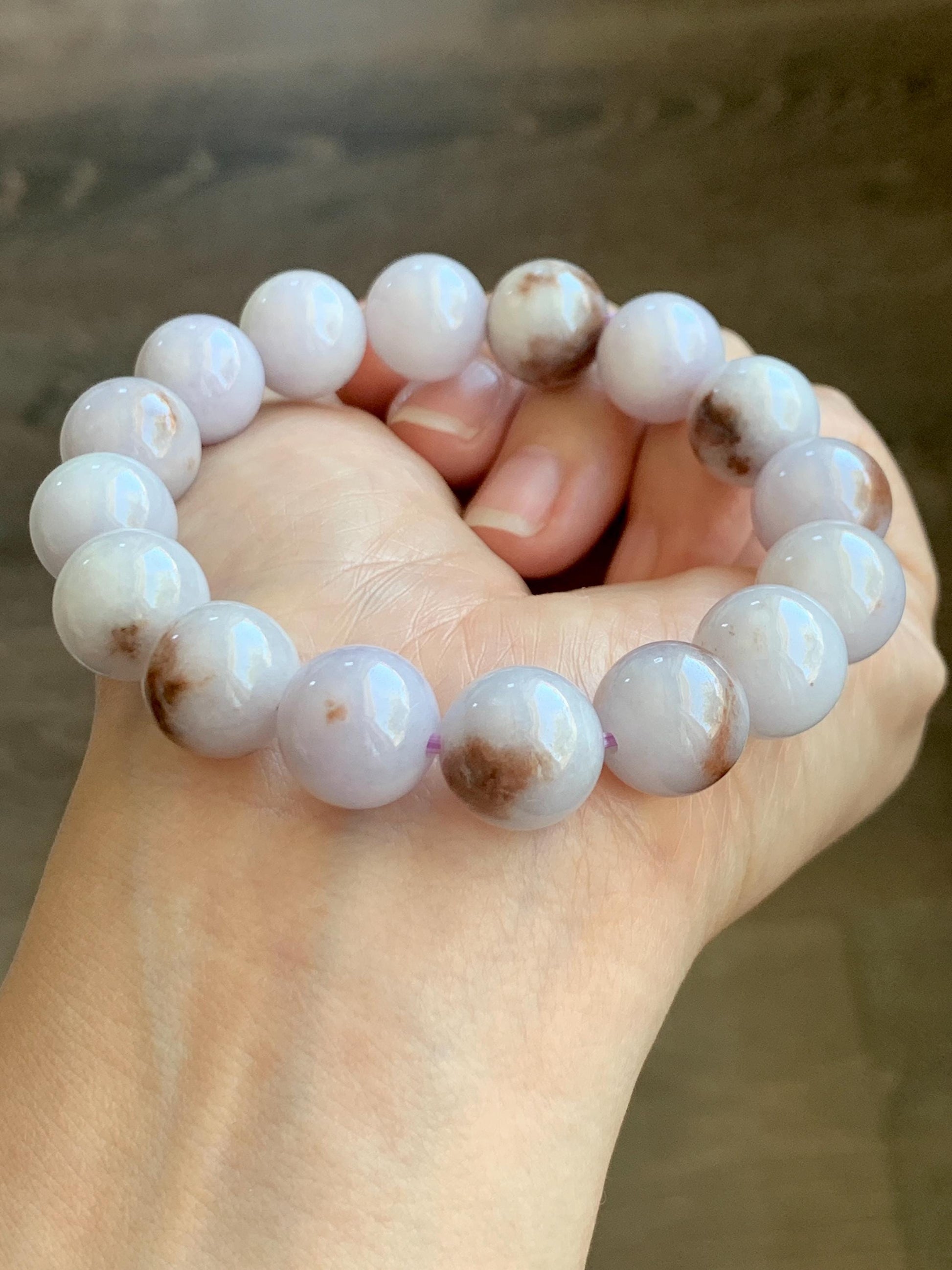 Natural Grade A Icy Translucent Pastel Purple Rust Marbled Jade Jadeite Large Beads Beaded Bracelet 12.8mm 7.5” 58g 天然宝紫飘红花翡翠大卡圆珠手串 ZPH330