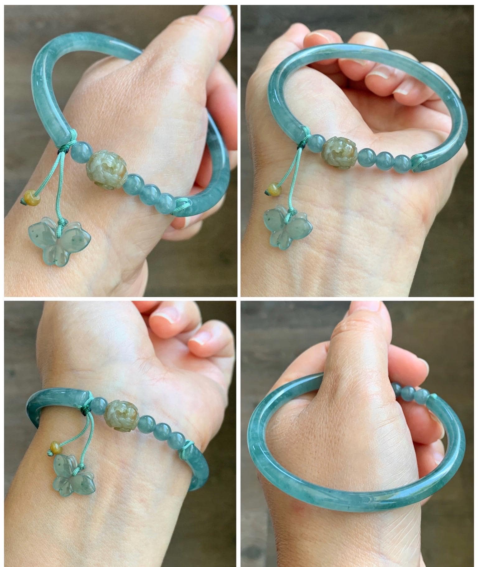 Natural Grade A Guatemalan Icy Translucent Light Green Marbled Jadeite Open Bangle Bracelet Sterling Silver Charms 53mm 天然冰胶危浅绿飘花翡翠半镯 WQP266