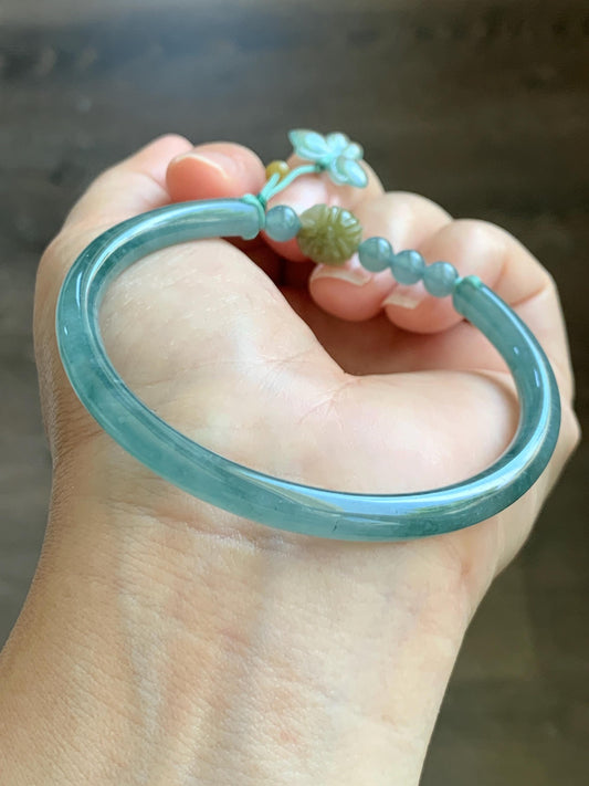 Natural Grade A Guatemalan Icy Translucent Light Green Marbled Jadeite Open Bangle Bracelet Sterling Silver Charms 53mm 天然冰胶危浅绿飘花翡翠半镯 WQP266