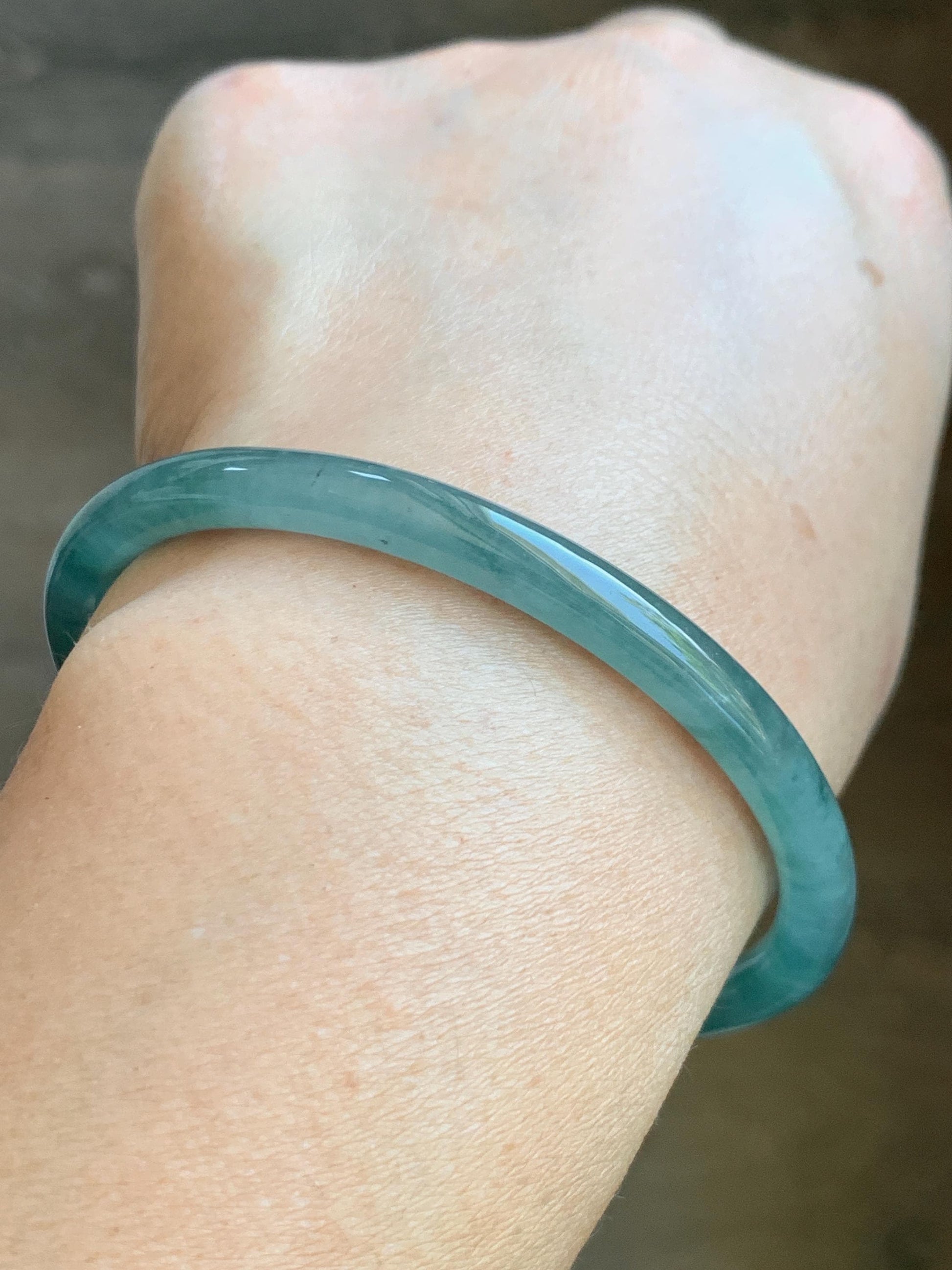 Natural Grade A Guatemalan Icy Translucent Light Green Marbled Jadeite Open Bangle Bracelet Sterling Silver Charms 53mm 天然冰胶危浅绿飘花翡翠半镯 WQP266