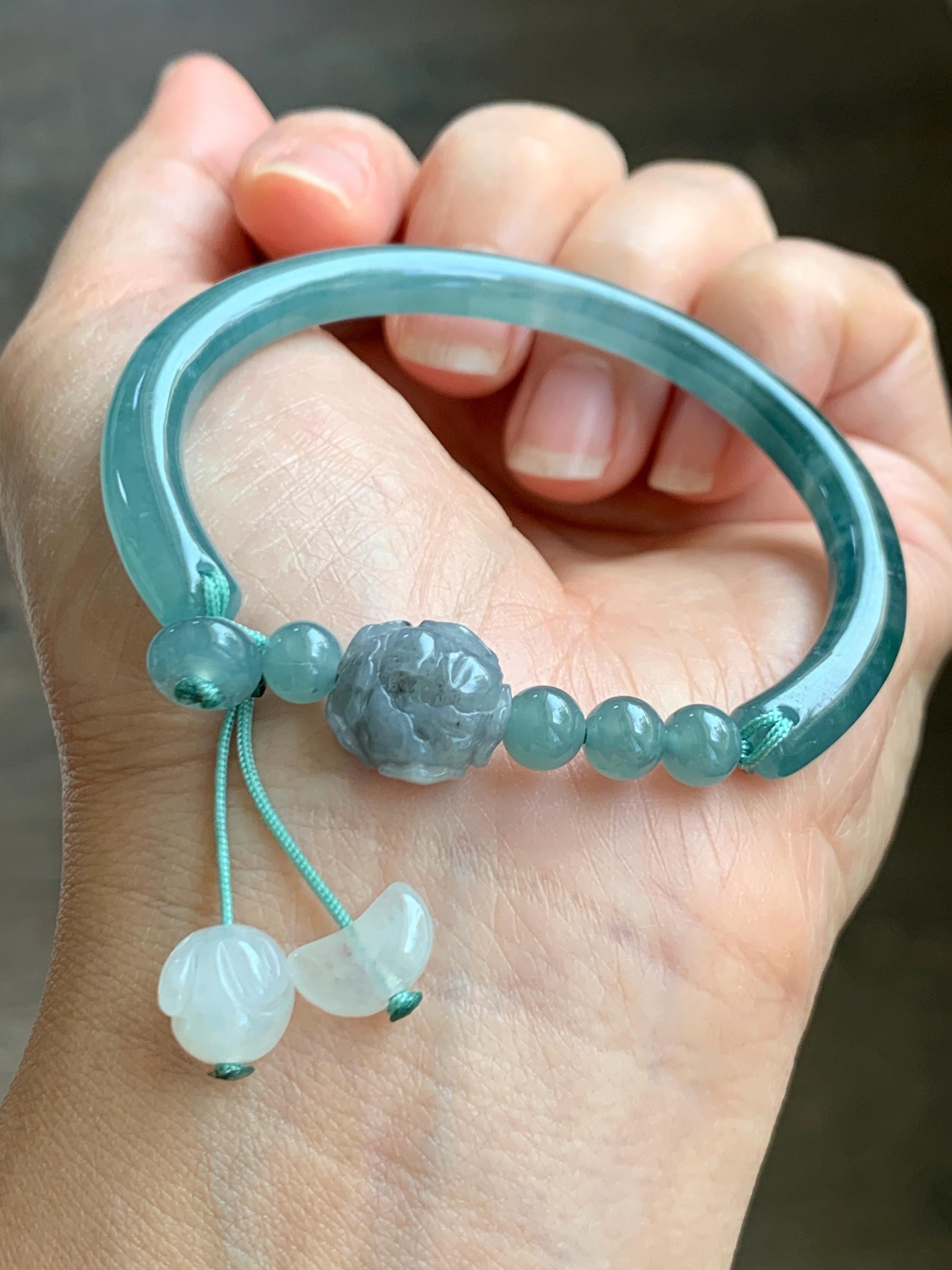 Natural Grade A Guatemalan Icy Highly Translucent Light Blue Jade Jadeite Open Bangle Bracelet Ruyi Lock Charms 54mm 18g 天然冰胶危浅蓝翡翠半镯 WTL397