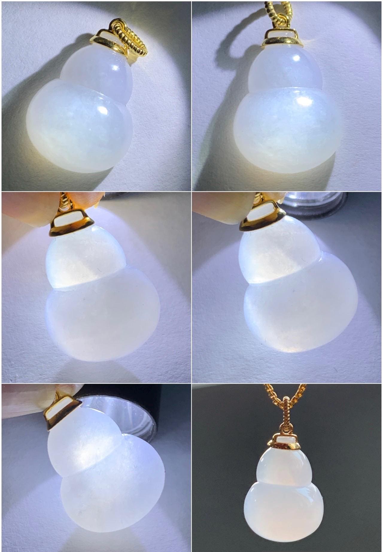 Certified Natural Grade A Icy Translucent Gelatinous Pastel Purple Jadeite Large Gourd Hulu Pendant 14K Yellow Gold 天然老种冰淡紫翡翠葫芦镶嵌吊坠 9452