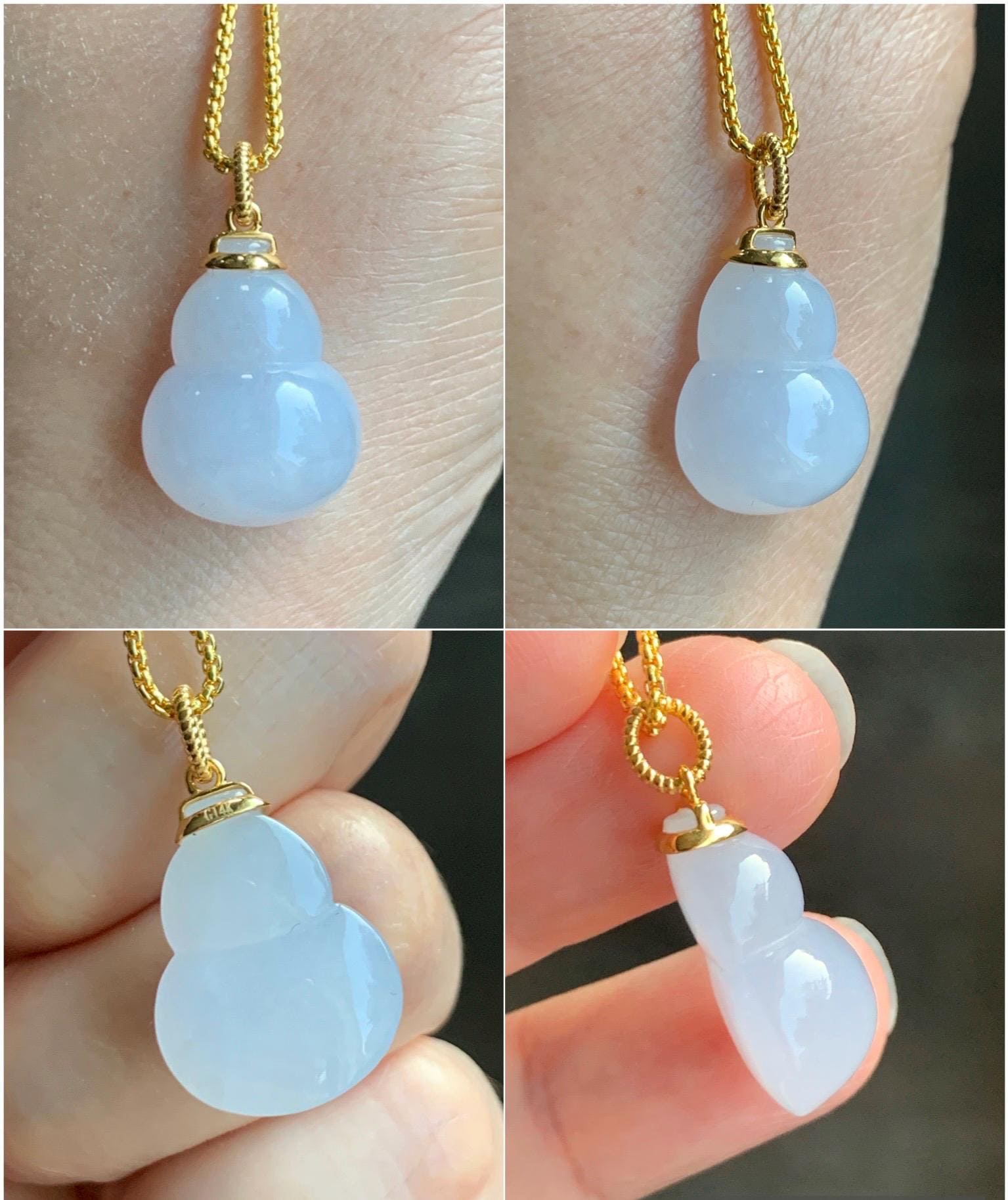 Certified Natural Grade A Icy Translucent Gelatinous Pastel Purple Jadeite Large Gourd Hulu Pendant 14K Yellow Gold 天然老种冰淡紫翡翠葫芦镶嵌吊坠 9452