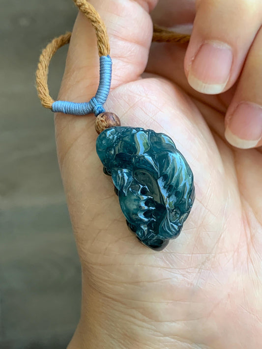 Certified Natural Guatemalan Icy Translucent Gelatinous Dark Teal Blue Jadeite Pixiu Pendant Rope Necklace 26" 11.5g 天然老种冰危深蓝翡翠飞天貔貅吊坠 1154