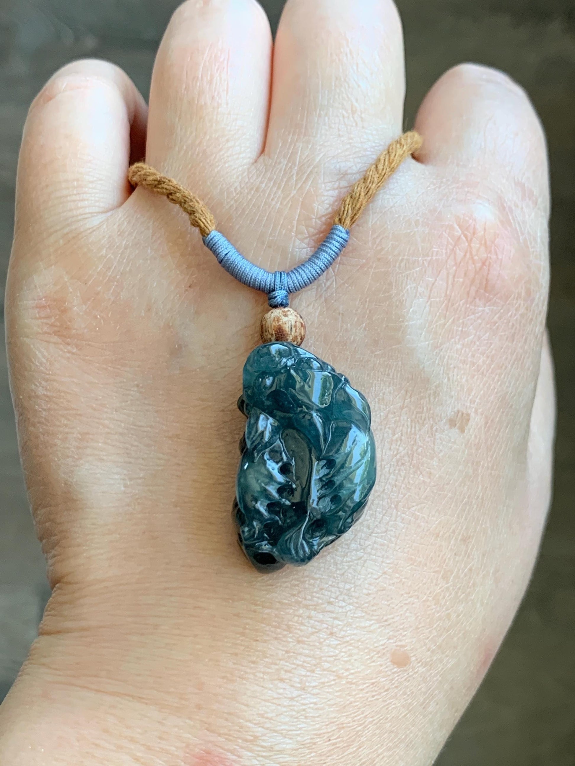 Certified Natural Guatemalan Icy Translucent Gelatinous Dark Teal Blue Jadeite Pixiu Pendant Rope Necklace 26" 11.5g 天然老种冰危深蓝翡翠飞天貔貅吊坠 1154