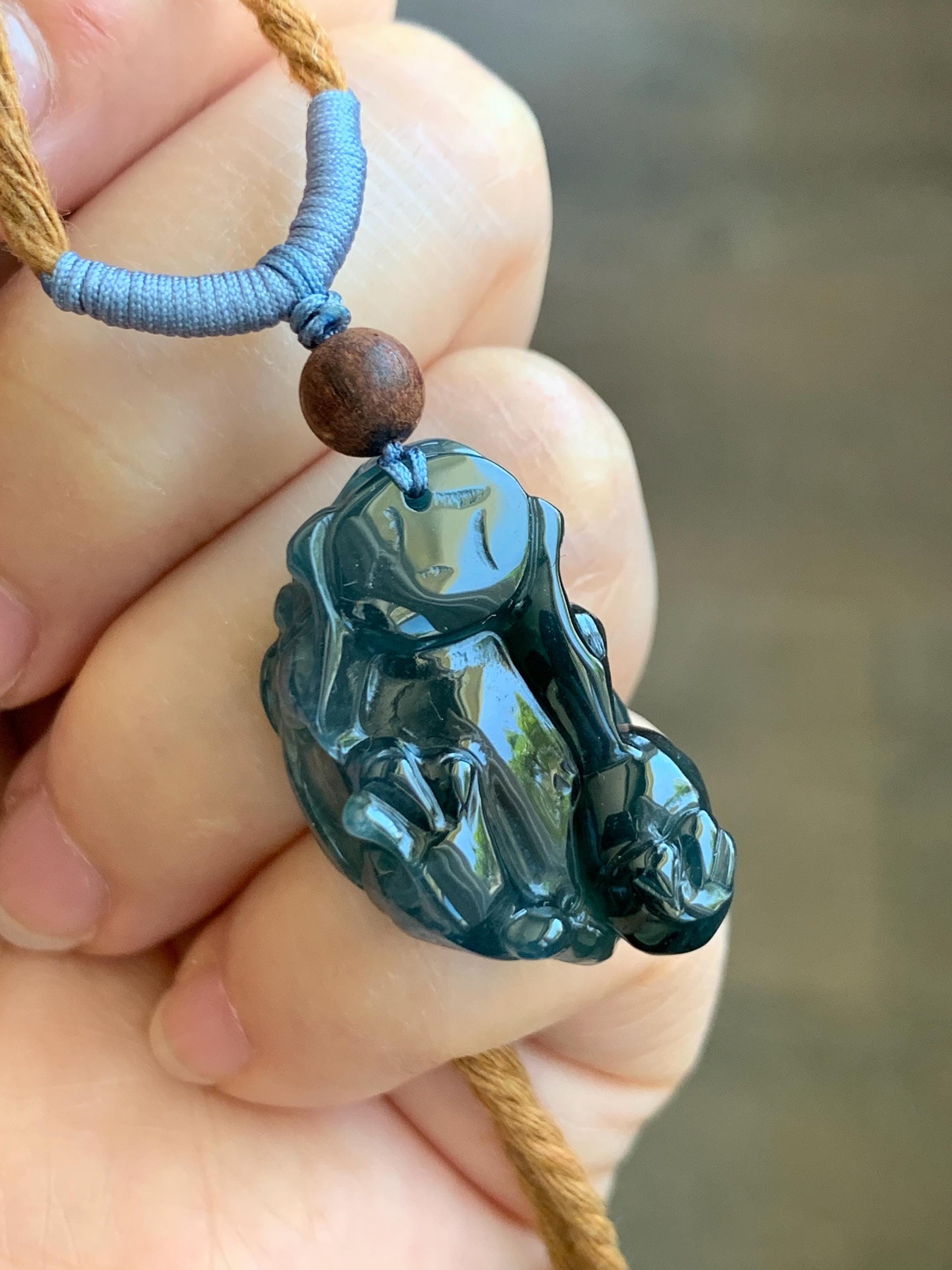 Certified Natural Guatemalan Icy Translucent Gelatinous Dark Teal Blue Jadeite Pixiu Pendant Rope Necklace 26" 11.5g 天然老种冰危深蓝翡翠飞天貔貅吊坠 1154
