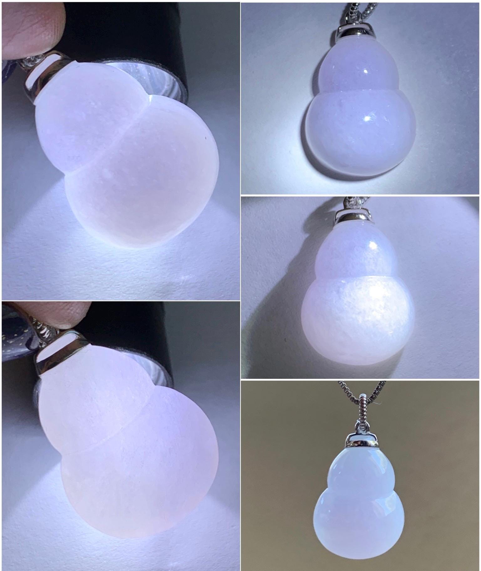 Certified Natural Grade A Icy Translucent Gelatinous Pastel Purple Jadeite Large Gourd Hulu Pendant 14K White Gold 天然老种冰淡紫翡翠葫芦镶嵌吊坠 9433