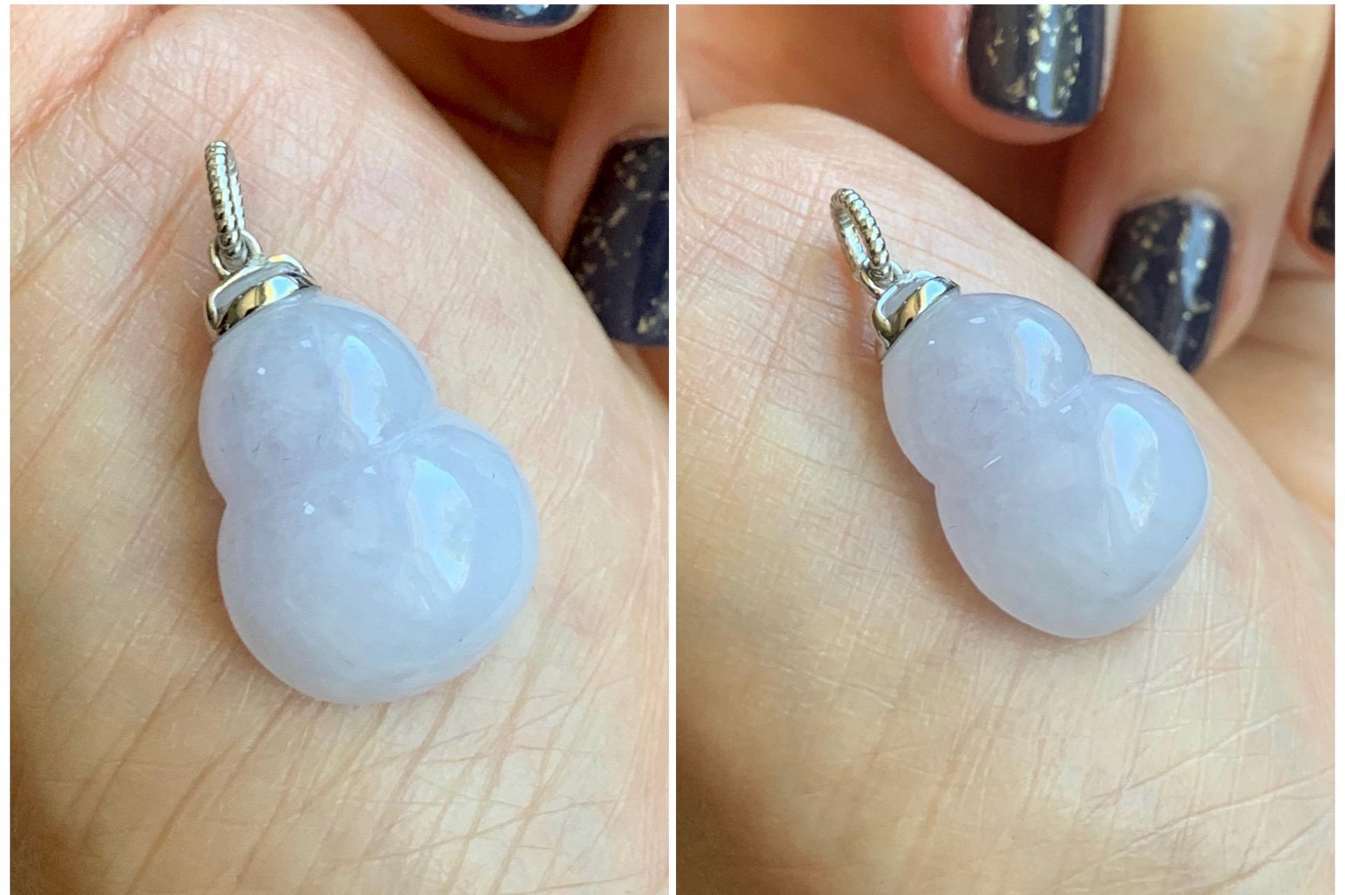 Certified Natural Grade A Icy Translucent Gelatinous Pastel Purple Jadeite Large Gourd Hulu Pendant 14K White Gold 天然老种冰淡紫翡翠葫芦镶嵌吊坠 9433