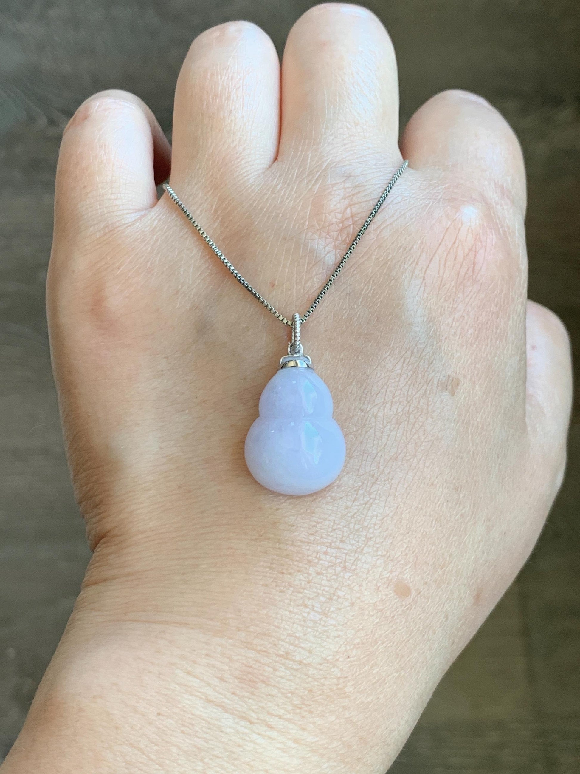 Certified Natural Grade A Icy Translucent Gelatinous Pastel Purple Jadeite Large Gourd Hulu Pendant 14K White Gold 天然老种冰淡紫翡翠葫芦镶嵌吊坠 9433