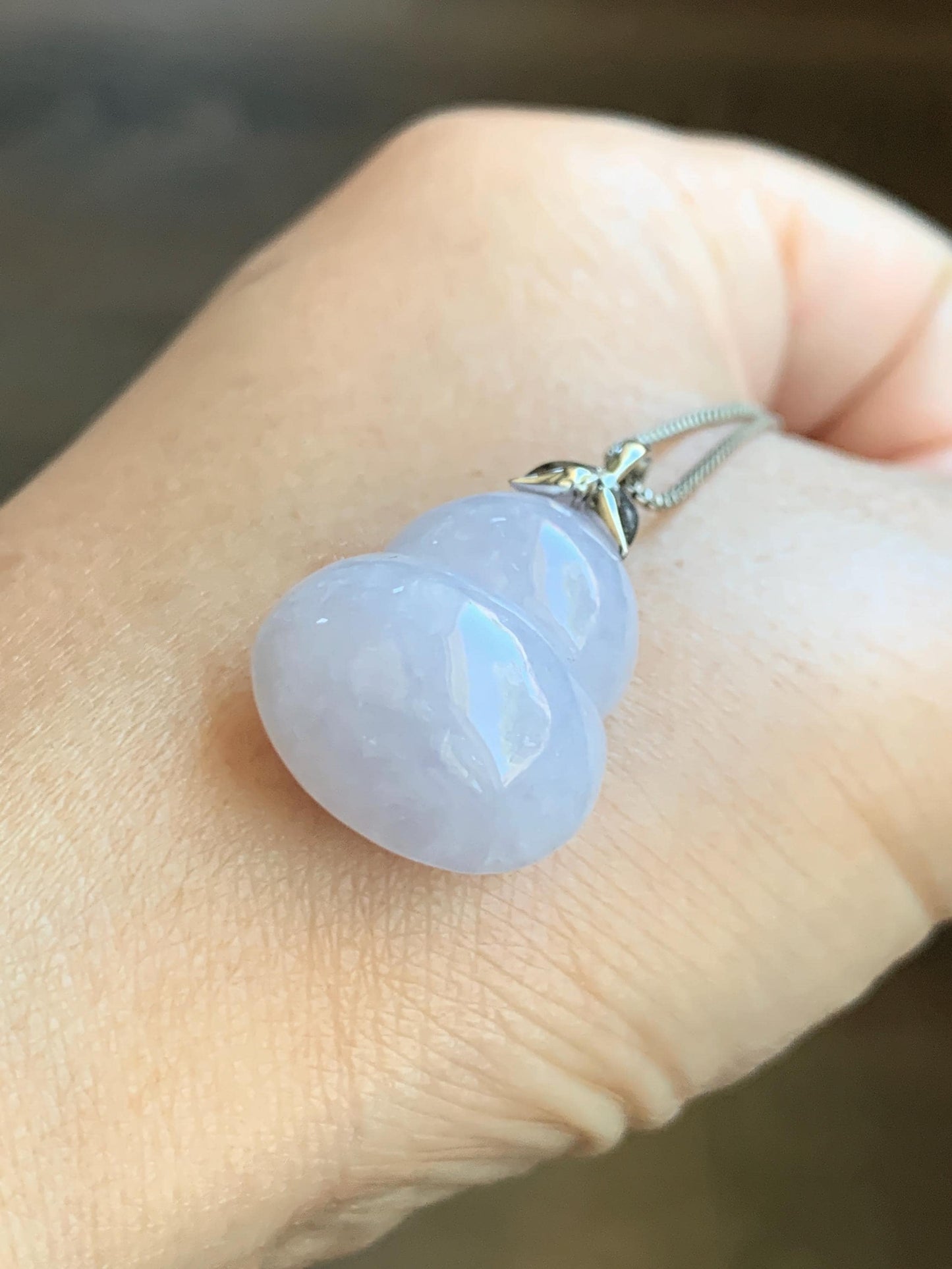 Certified Natural Grade A Icy Translucent Gelatinous Light Purple Jadeite Large Gourd Hulu Pendant 14K White Gold 7.61g 天然冰淡紫翡翠葫芦镶嵌吊坠 9454