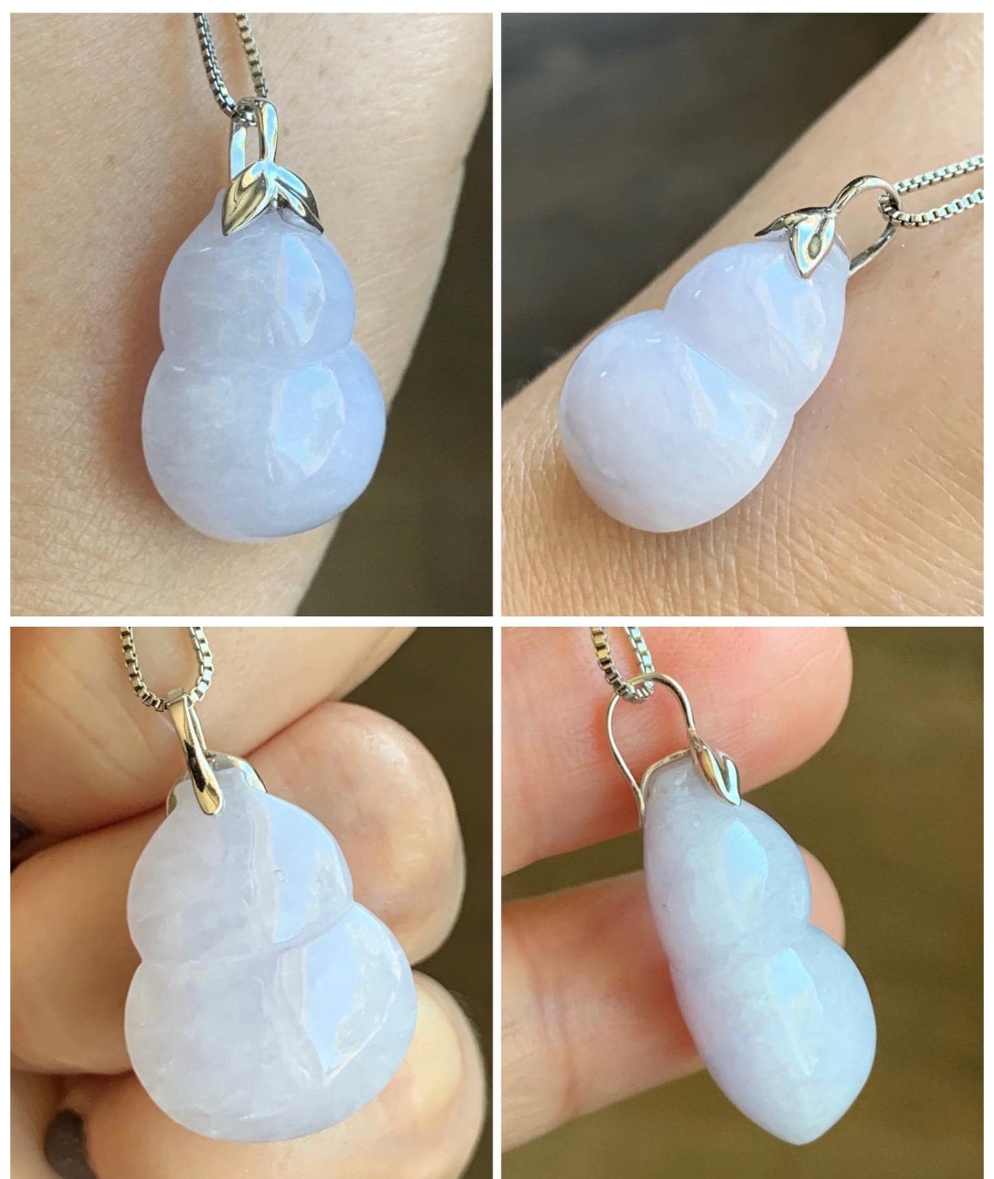 Certified Natural Grade A Icy Translucent Gelatinous Light Purple Jadeite Large Gourd Hulu Pendant 14K White Gold 7.61g 天然冰淡紫翡翠葫芦镶嵌吊坠 9454