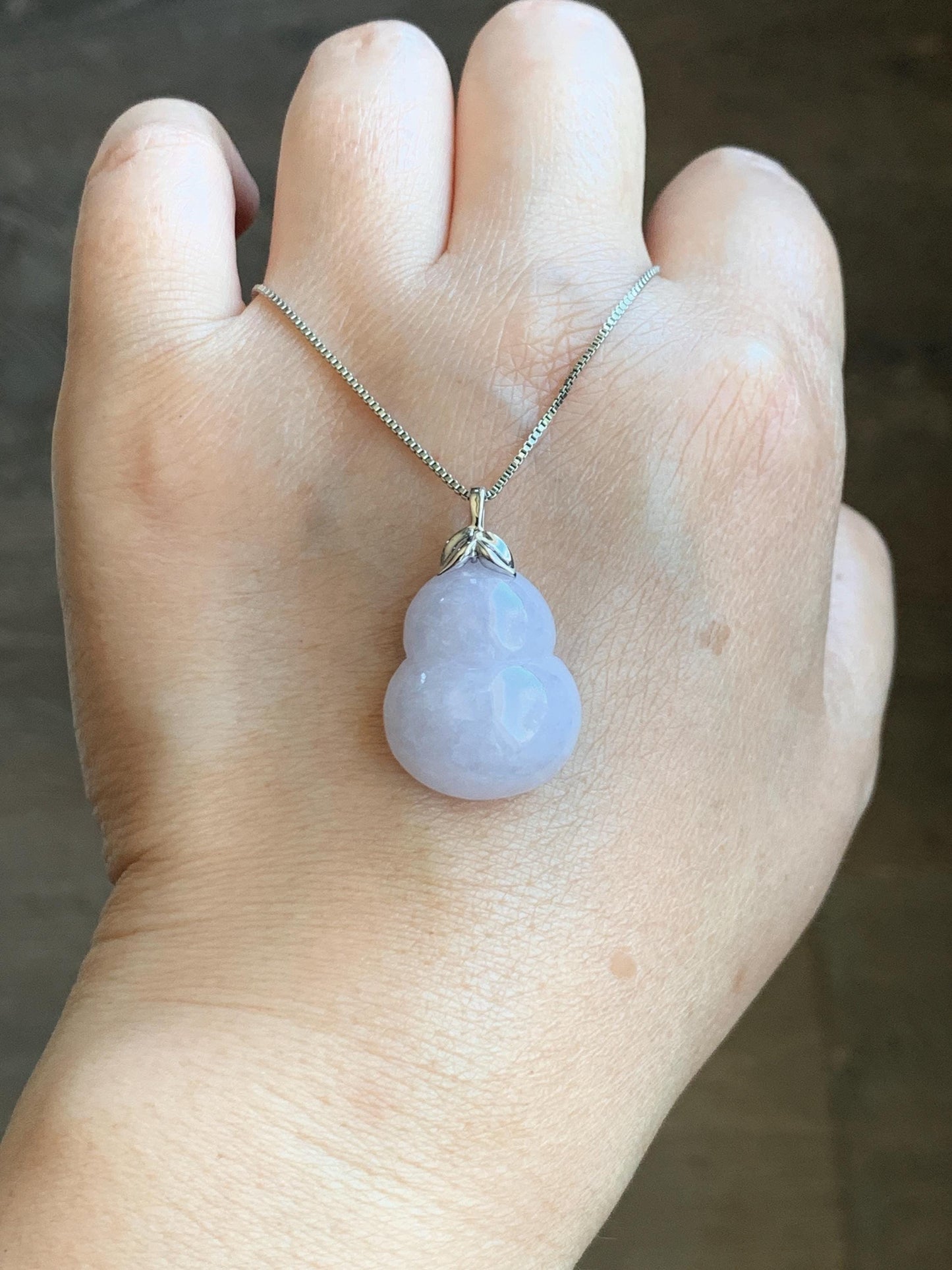 Certified Natural Grade A Icy Translucent Gelatinous Light Purple Jadeite Large Gourd Hulu Pendant 14K White Gold 7.61g 天然冰淡紫翡翠葫芦镶嵌吊坠 9454