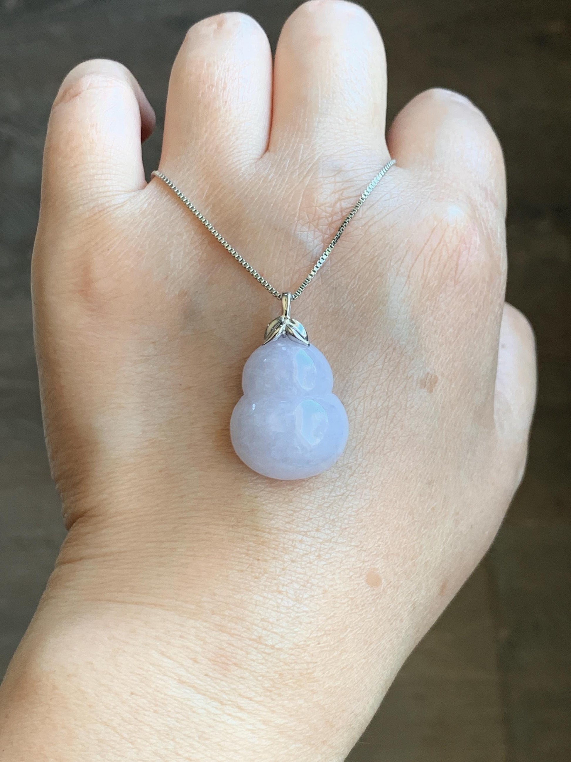Certified Natural Grade A Icy Translucent Gelatinous Light Purple Jadeite Large Gourd Hulu Pendant 14K White Gold 7.61g 天然冰淡紫翡翠葫芦镶嵌吊坠 9454