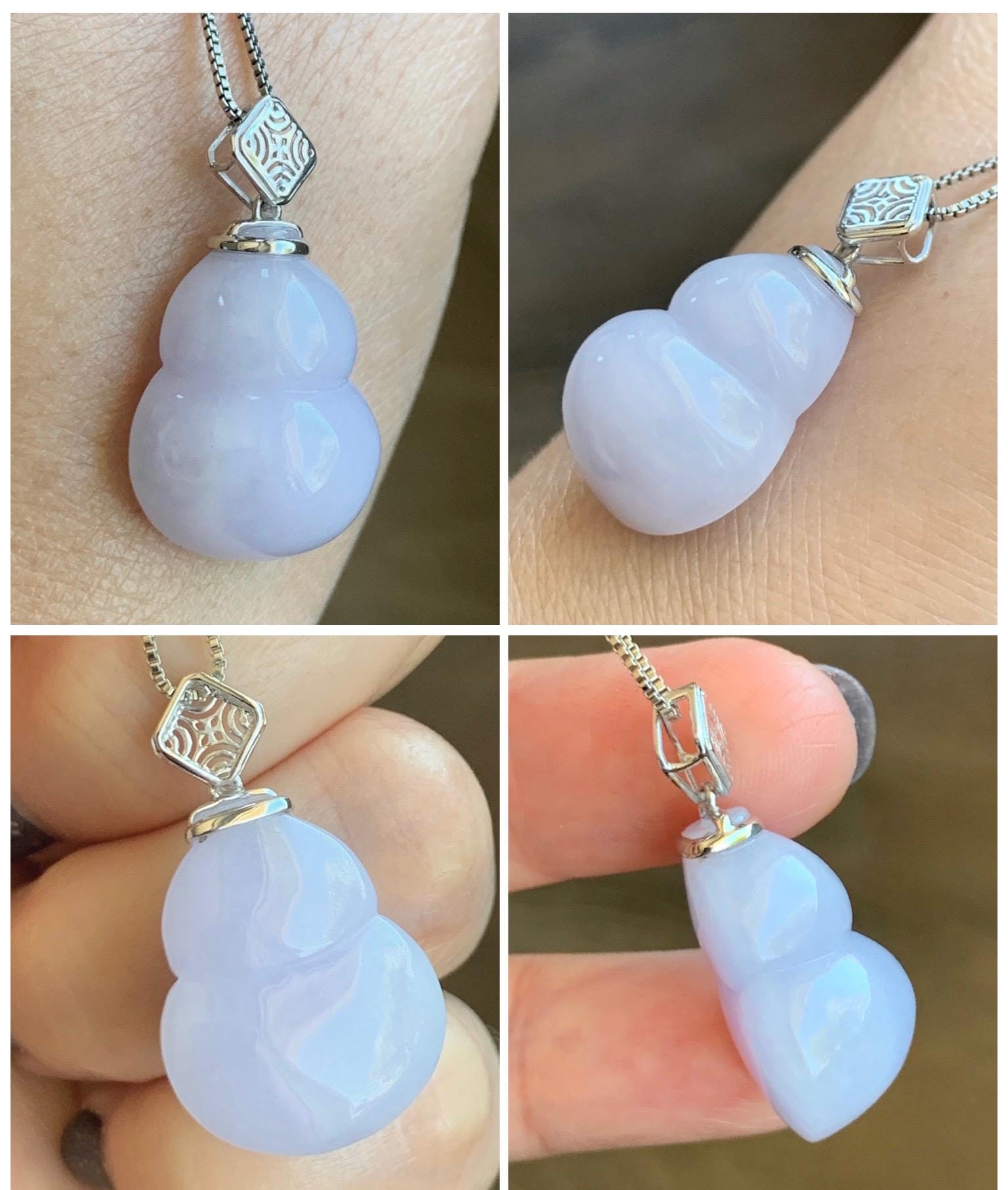 Certified Natural Grade A Icy Translucent Gelatinous Light Purple Jadeite Large Gourd Hulu Pendant 14K White Gold 8.28g 天然冰淡紫翡翠葫芦镶嵌吊坠 9451