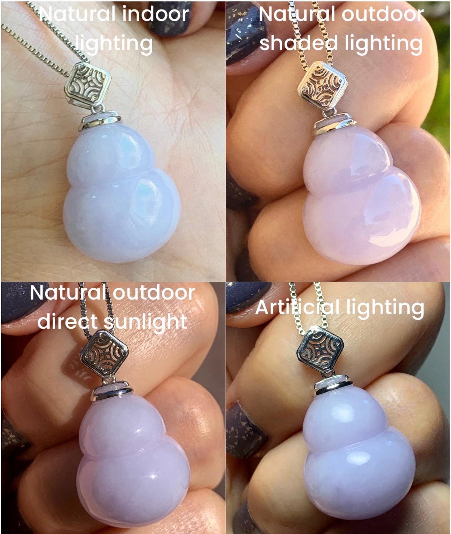 Certified Natural Grade A Icy Translucent Gelatinous Light Purple Jadeite Large Gourd Hulu Pendant 14K White Gold 8.28g 天然冰淡紫翡翠葫芦镶嵌吊坠 9451