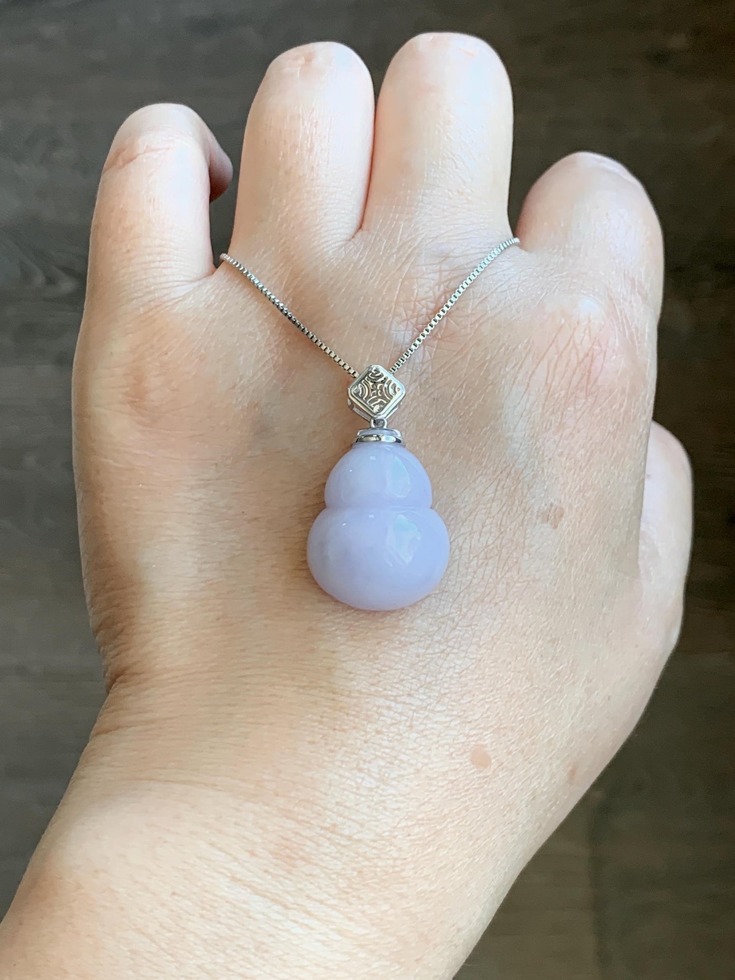 Certified Natural Grade A Icy Translucent Gelatinous Light Purple Jadeite Large Gourd Hulu Pendant 14K White Gold 8.28g 天然冰淡紫翡翠葫芦镶嵌吊坠 9451