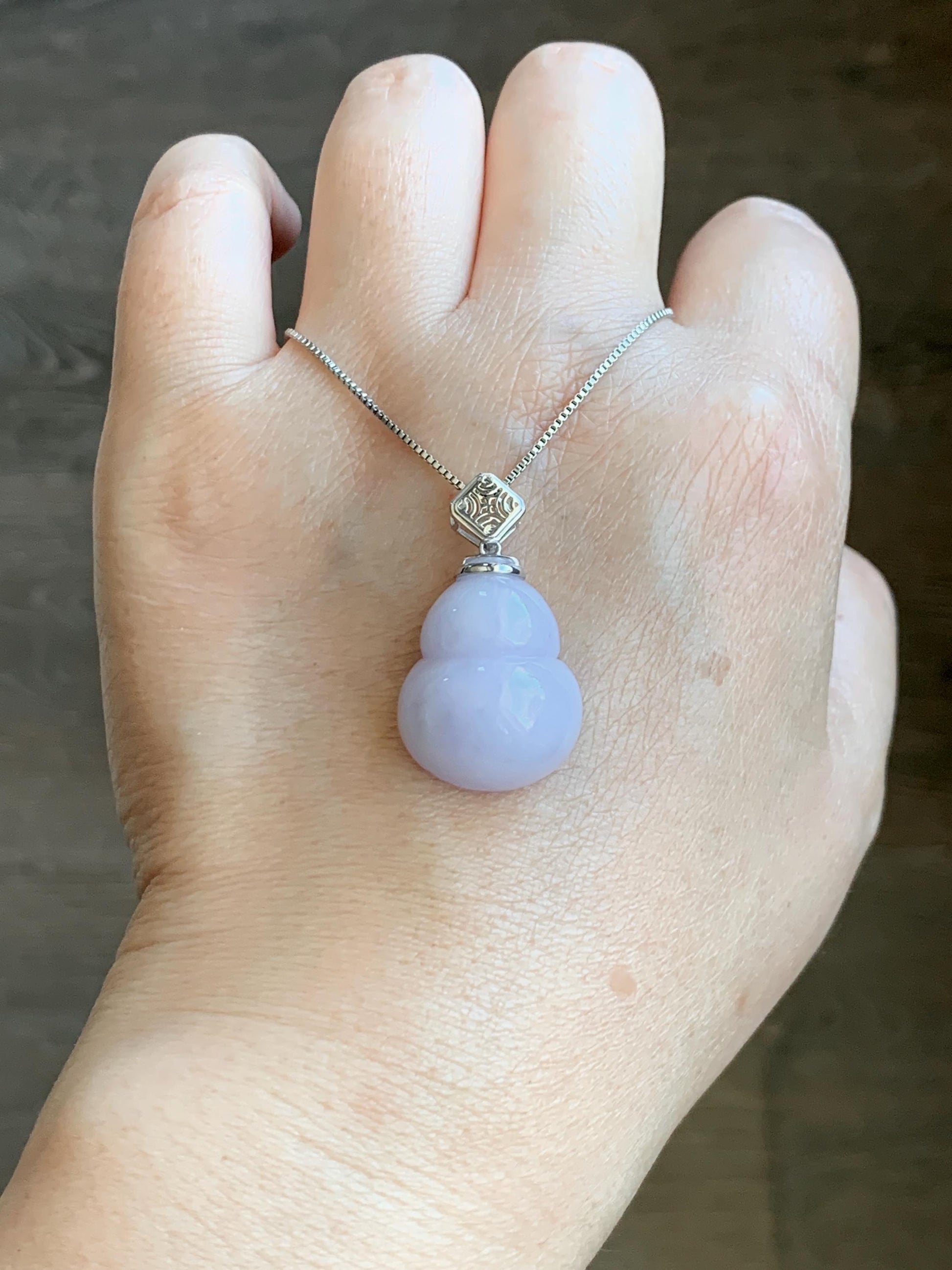 Certified Natural Grade A Icy Translucent Gelatinous Light Purple Jadeite Large Gourd Hulu Pendant 14K White Gold 8.28g 天然冰淡紫翡翠葫芦镶嵌吊坠 9451