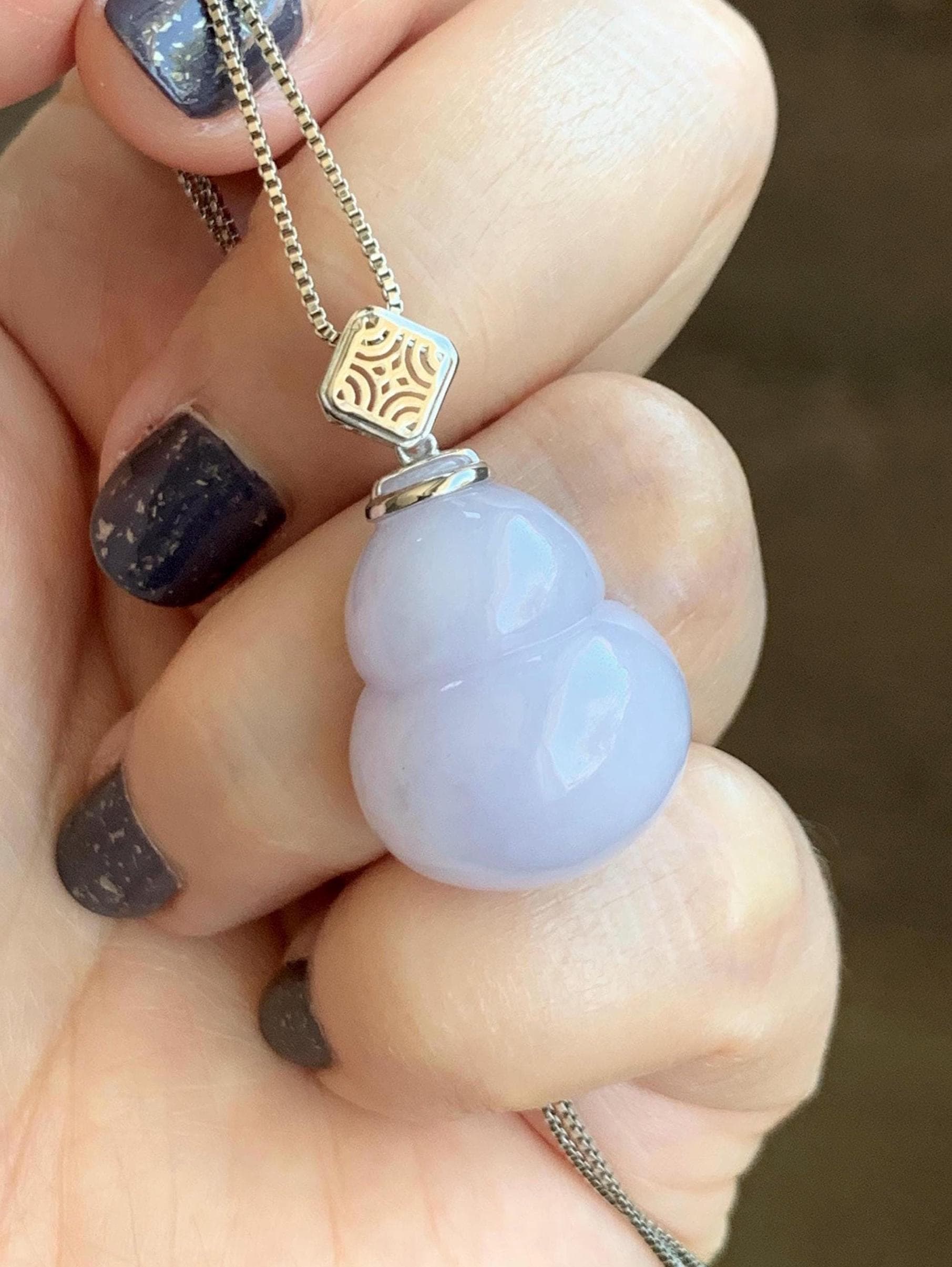 Certified Natural Grade A Icy Translucent Gelatinous Light Purple Jadeite Large Gourd Hulu Pendant 14K White Gold 8.28g 天然冰淡紫翡翠葫芦镶嵌吊坠 9451