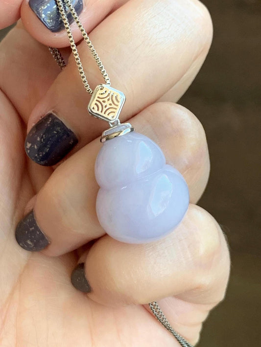 Certified Natural Grade A Icy Translucent Gelatinous Light Purple Jadeite Large Gourd Hulu Pendant 14K White Gold 8.28g 天然冰淡紫翡翠葫芦镶嵌吊坠 9451