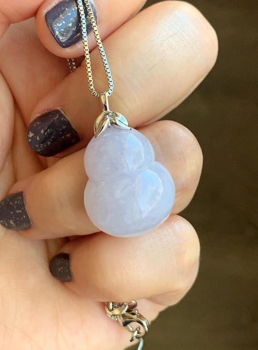 Certified Natural Grade A Icy Translucent Gelatinous Light Purple Jadeite Large Gourd Hulu Pendant 14K White Gold 7.61g 天然冰淡紫翡翠葫芦镶嵌吊坠 9454