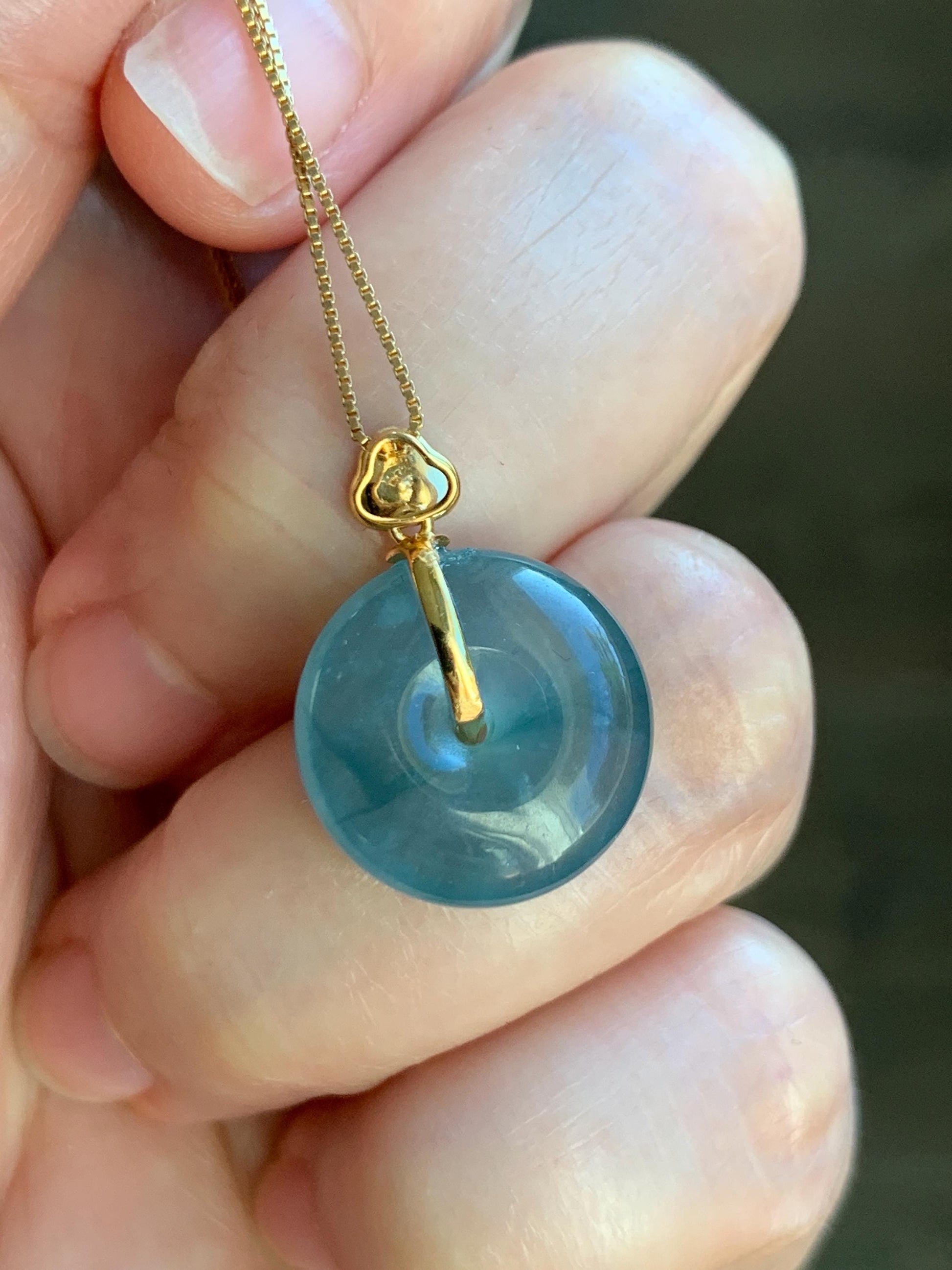 Certified Natural Grade A Guatemalan Icy Highly Translucent Teal Blue Jadeite Ping An Kou Donut Pendant 14K Yellow Gold 天然冰危蓝平安扣镶嵌吊坠 9455
