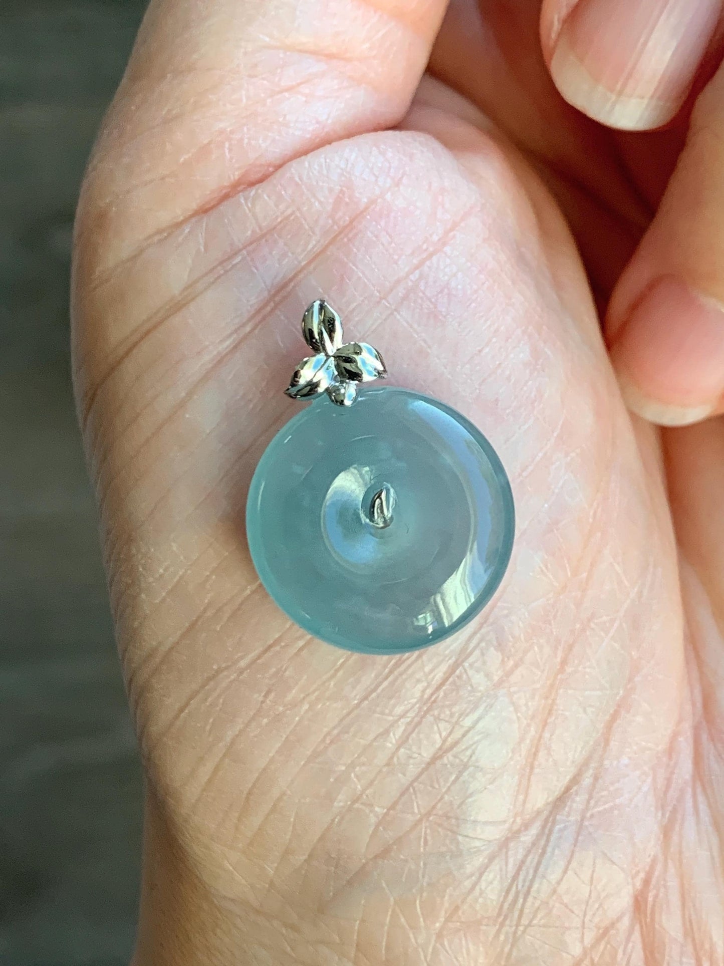 Certified Natural Guatemalan Icy Highly Translucent Light Teal Blue Jadeite Ping An Kou Donut Pendant 14K White Gold 天然冰危浅蓝绿平安扣镶嵌吊坠 9456