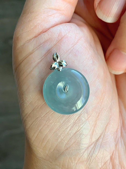 Certified Natural Guatemalan Icy Highly Translucent Light Teal Blue Jadeite Ping An Kou Donut Pendant 14K White Gold 天然冰危浅蓝绿平安扣镶嵌吊坠 9456