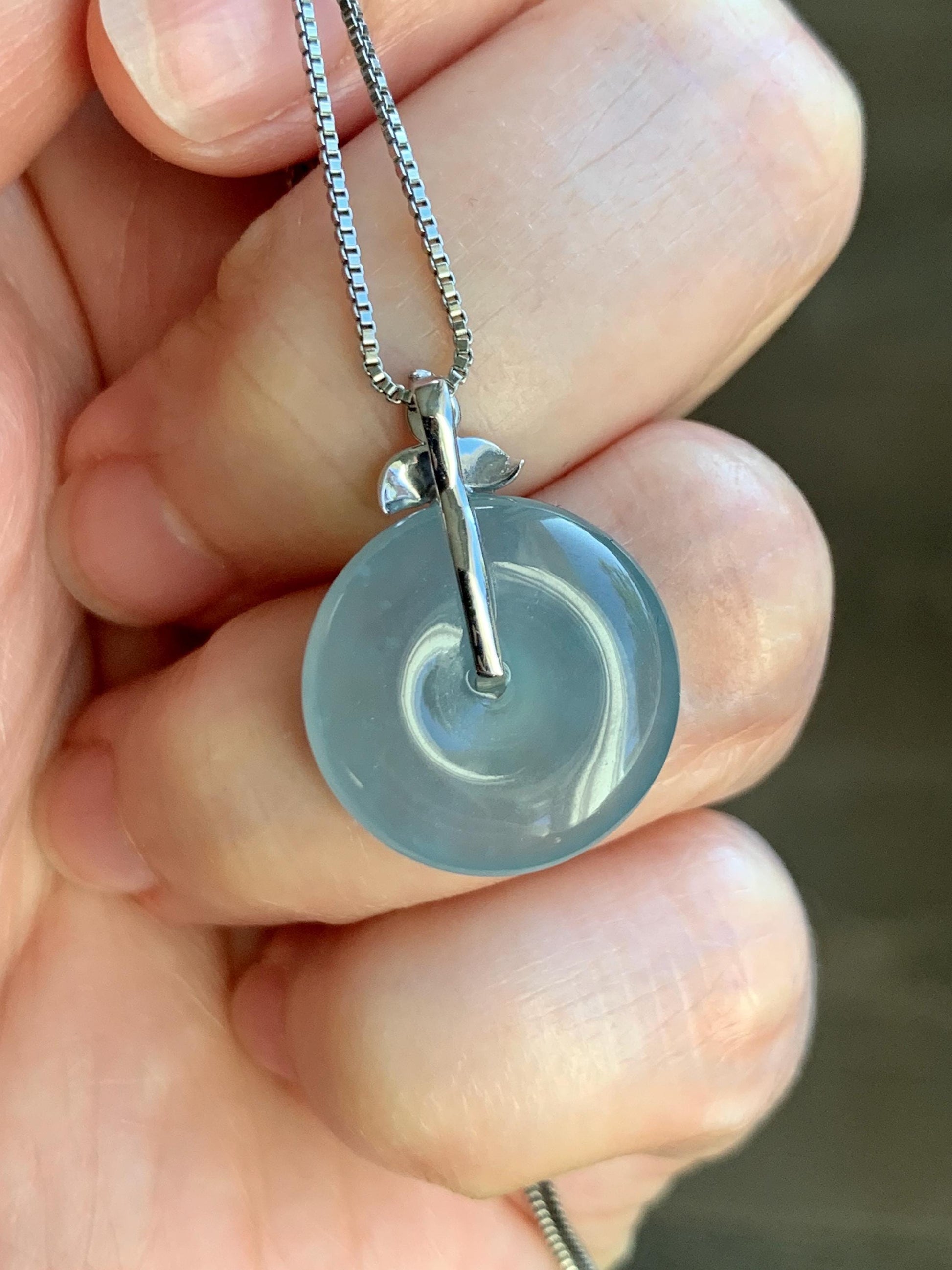 Certified Natural Guatemalan Icy Highly Translucent Light Teal Blue Jadeite Ping An Kou Donut Pendant 14K White Gold 天然冰危浅蓝绿平安扣镶嵌吊坠 9456