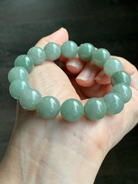 Natural Grade A Icy Translucent Pastel Dusty Green Jade Jadeite Large Beads Beaded Bracelet Stretchy 7.5” 59g 天然冰细糯油青翡翠大卡手串 MYQ650B