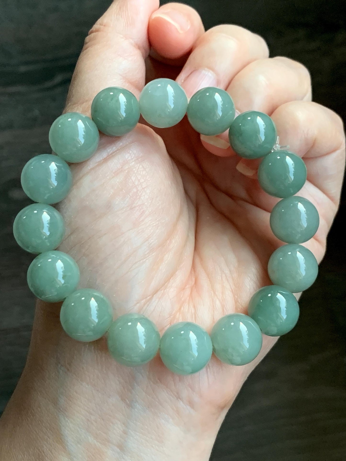 Natural Grade A Icy Translucent Pastel Dusty Green Jade Jadeite Large Beads Beaded Bracelet Stretchy 7.5” 59g 天然冰细糯油青翡翠大卡手串 MYQ650B