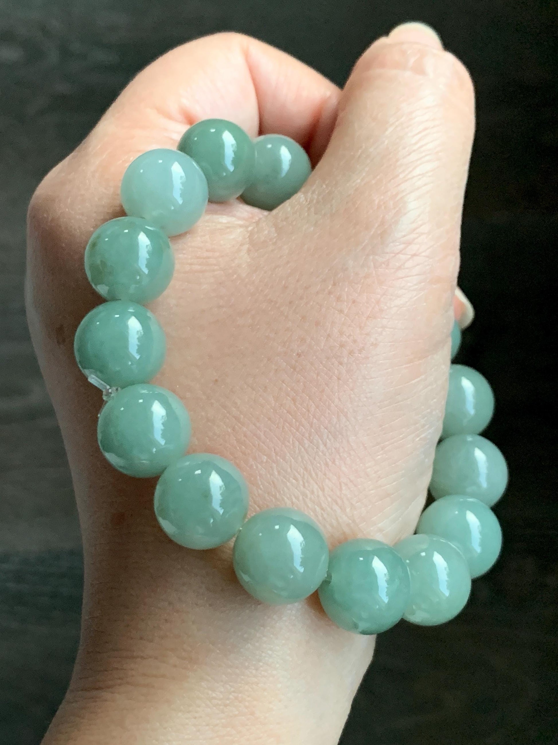 Natural Grade A Icy Translucent Pastel Dusty Green Jade Jadeite Large Beads Beaded Bracelet Stretchy 7.5” 59g 天然冰细糯油青翡翠大卡手串 MYQ650B