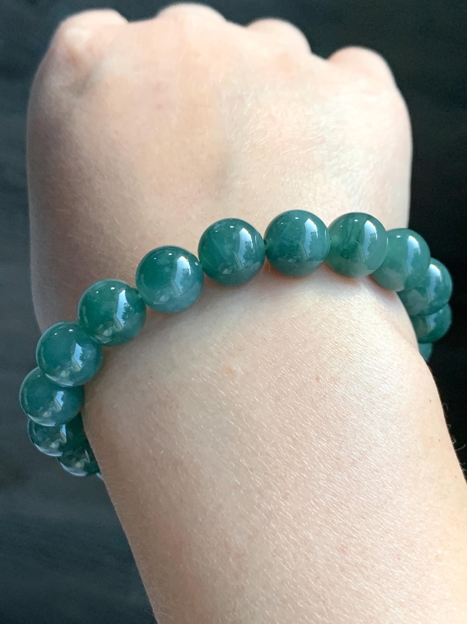 Natural Grade A Guatemalan Icy Translucent Dark Teal Green Jade Jadeite Beaded Bracelet Stretchy 9.9mm 7.25” 32g 天然冰危深蓝绿翡翠圆珠手串 SWL120