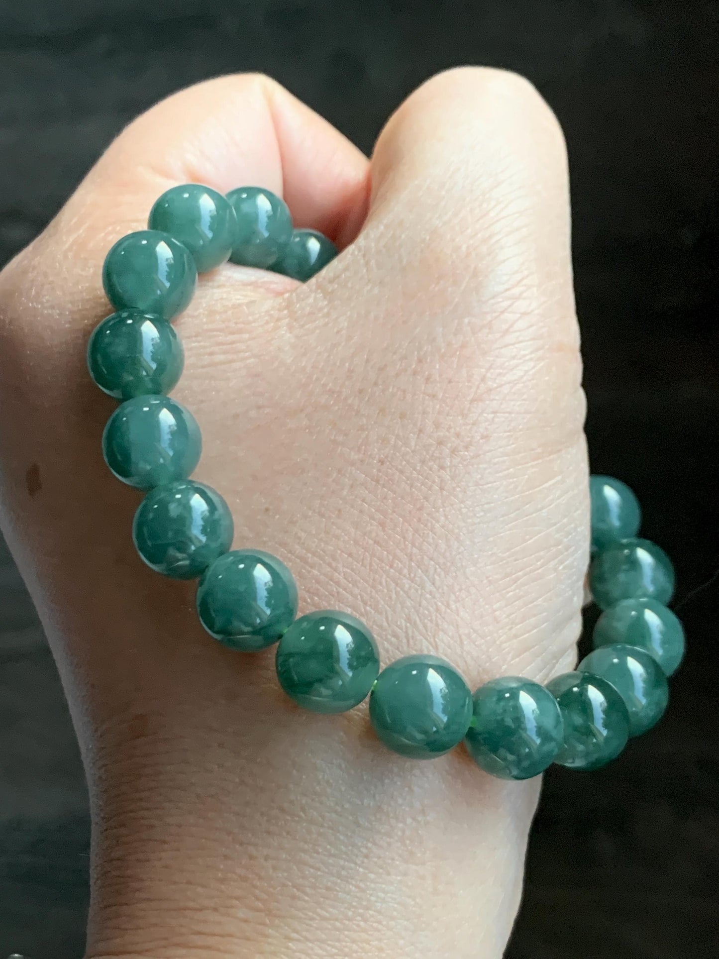 Natural Grade A Guatemalan Icy Translucent Dark Teal Green Jade Jadeite Beaded Bracelet Stretchy 9.9mm 7.25” 32g 天然冰危深蓝绿翡翠圆珠手串 SWL120