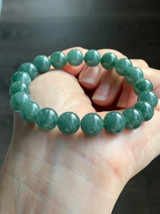 Natural Grade A Guatemalan Icy Translucent Dark Teal Green Jade Jadeite Beaded Bracelet Stretchy 9.9mm 7.25” 32g 天然冰危深蓝绿翡翠圆珠手串 SWL120