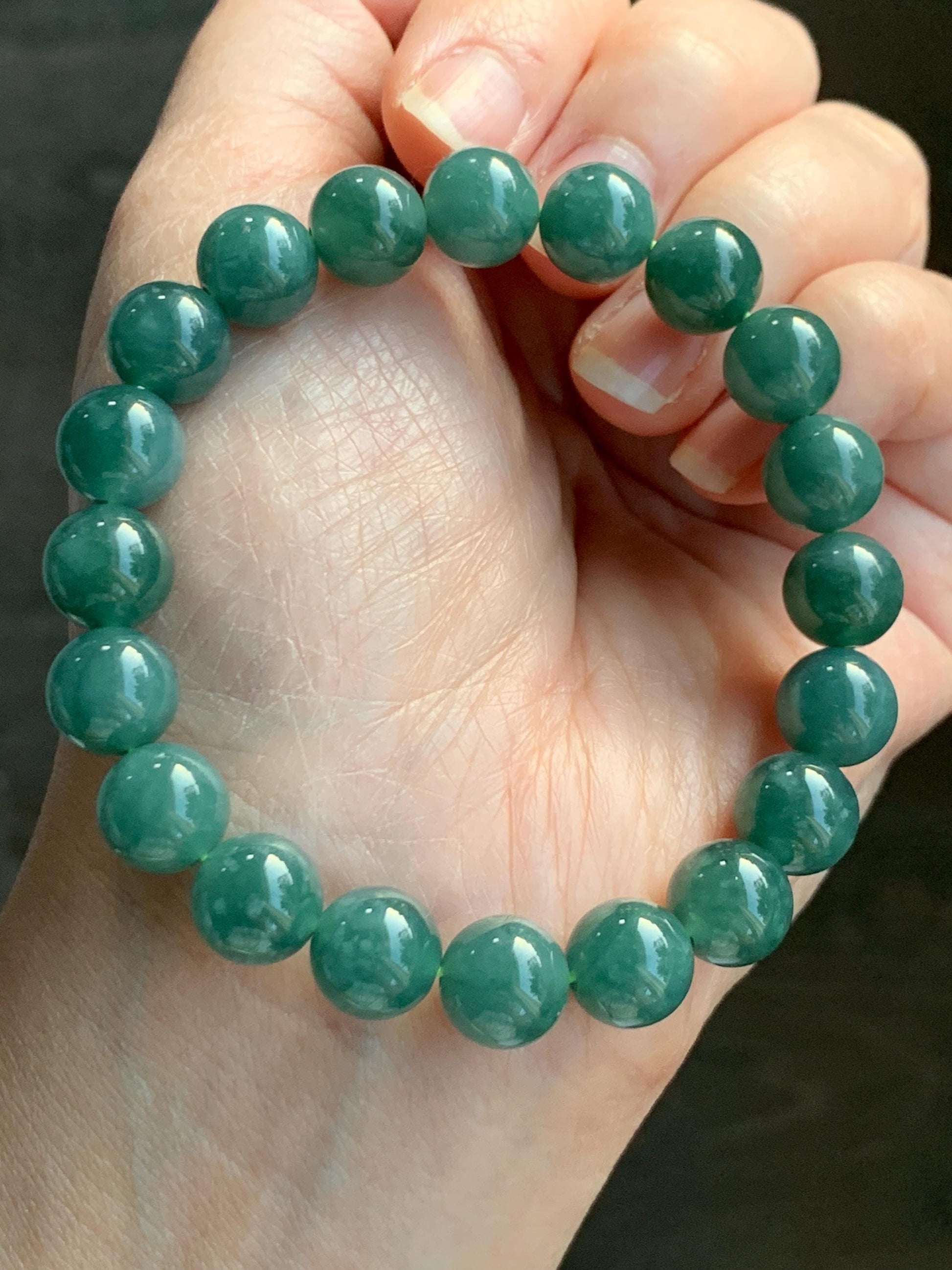 Natural Grade A Guatemalan Icy Translucent Dark Teal Green Jade Jadeite Beaded Bracelet Stretchy 9.9mm 7.25” 32g 天然冰危深蓝绿翡翠圆珠手串 SWL120