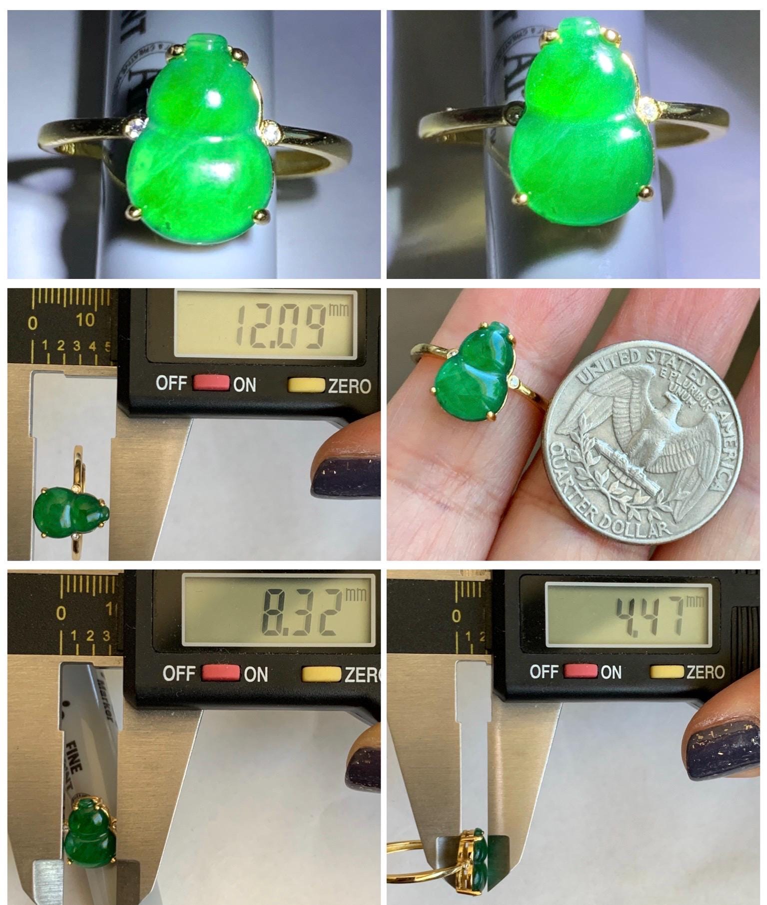 Natural Guatemalan Icy Translucent Vibrant Green Jadeite Gourd Hulu Solitaire Ring Sterling Silver Size 7 Adjustable 天然冰危绿翡翠葫芦蛋面银镶戒指 WHJ88