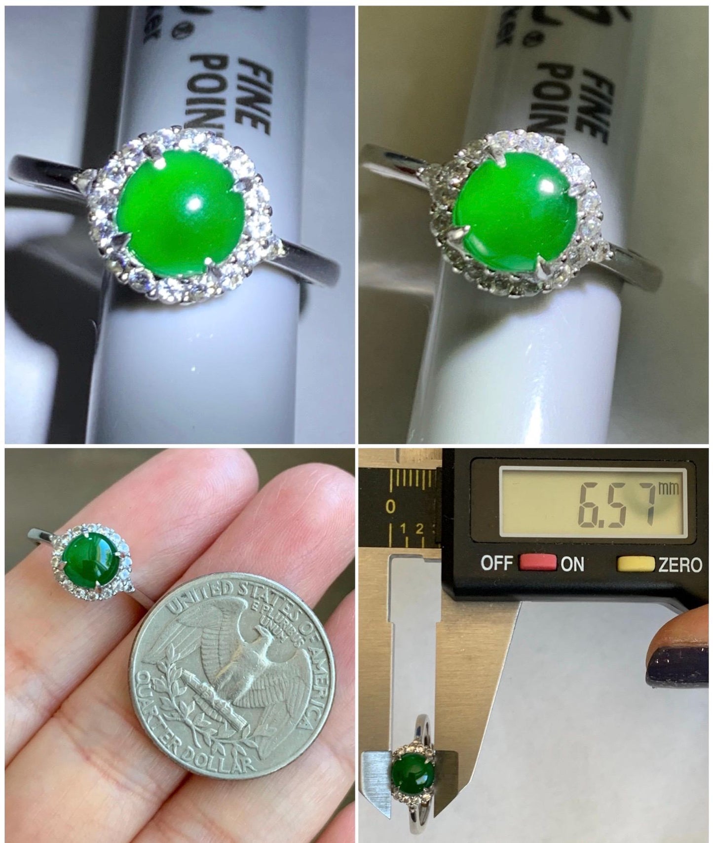Natural Grade A Guatemalan Icy Translucent Vibrant Green Jadeite Halo Style Ring Sterling Silver Size Adjustable 天然冰危绿翡翠银镶戒指 WLH88