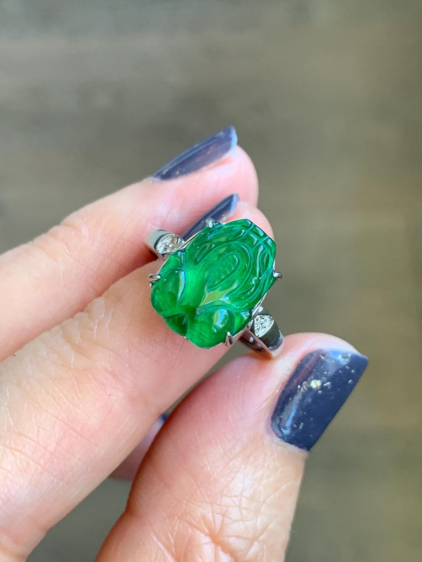 Natural Guatemalan Icy Translucent Vibrant Green Jadeite Carved Pixiu Ring S925 Sterling Silver Size 7 Adjustable 天然高冰危绿翡翠貔貅银镶戒指 WPX223-A