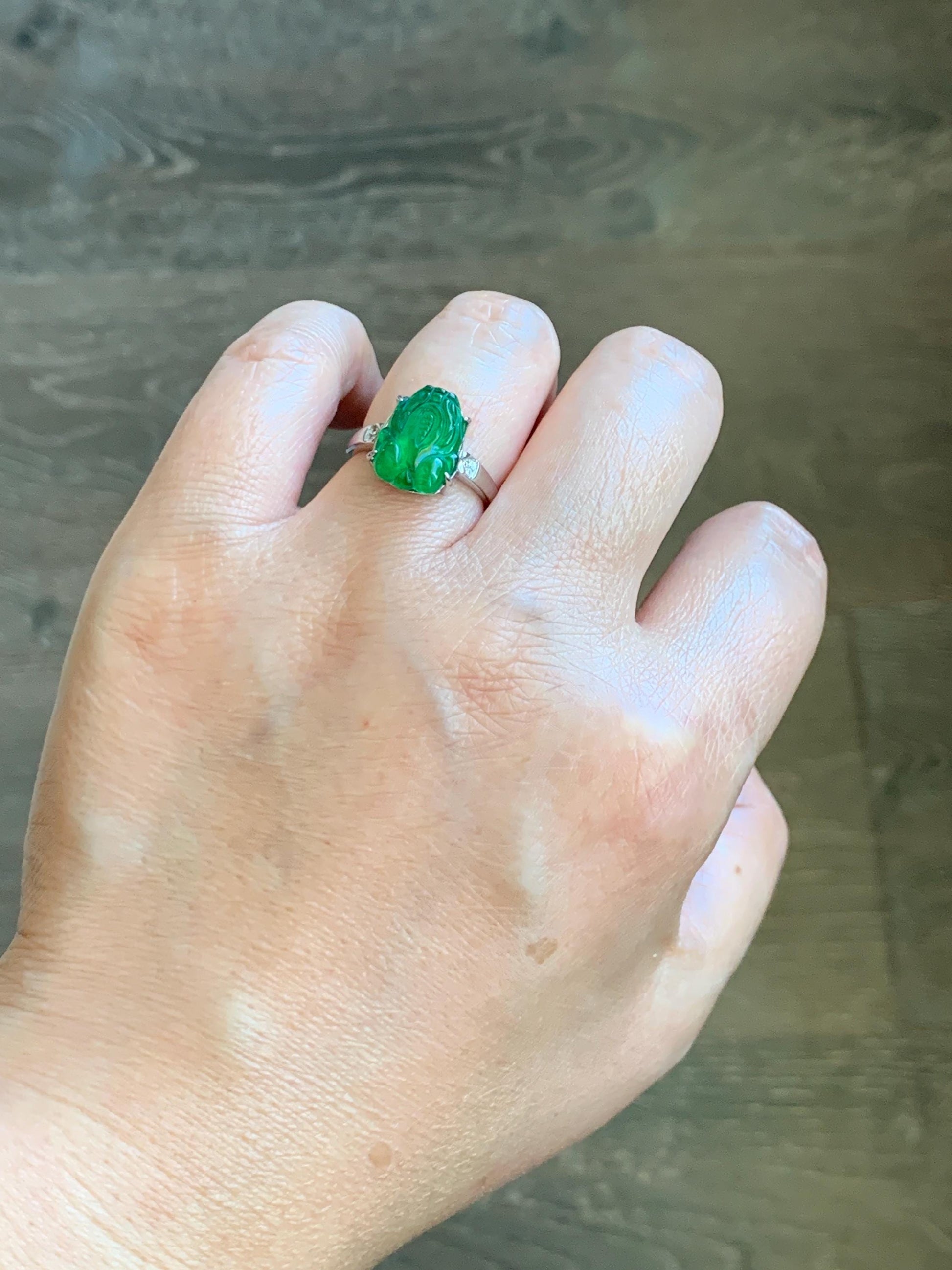 Natural Guatemalan Icy Translucent Vibrant Green Jadeite Carved Pixiu Ring S925 Sterling Silver Size 7 Adjustable 天然高冰危绿翡翠貔貅银镶戒指 WPX223-A