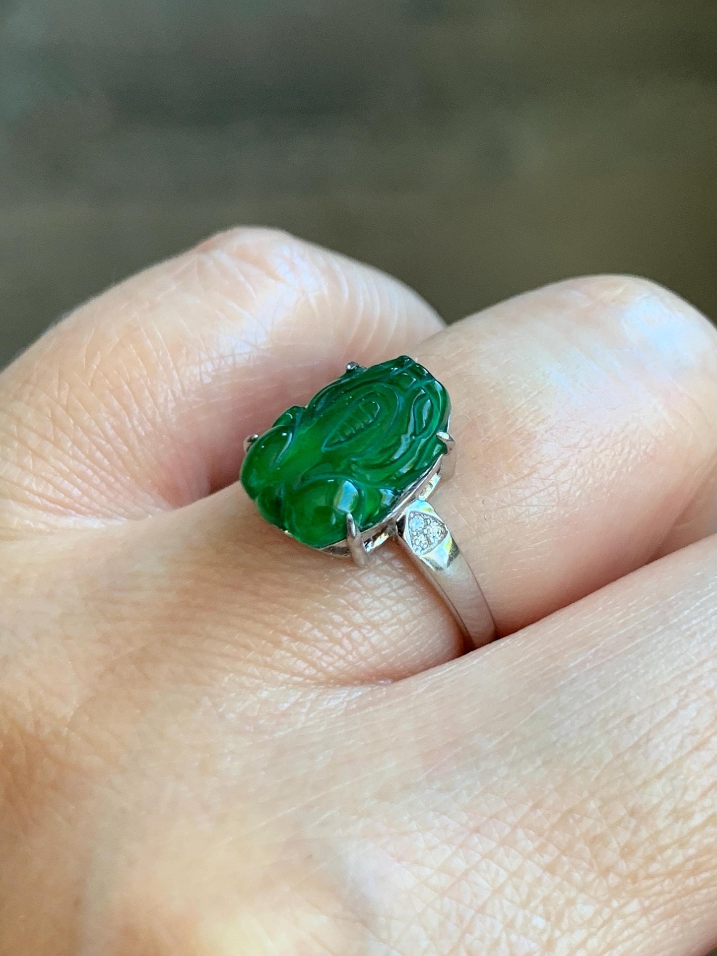 Natural Guatemalan Icy Translucent Vibrant Green Jadeite Carved Pixiu Ring S925 Sterling Silver Size 7 Adjustable 天然高冰危绿翡翠貔貅银镶戒指 WPX223-A