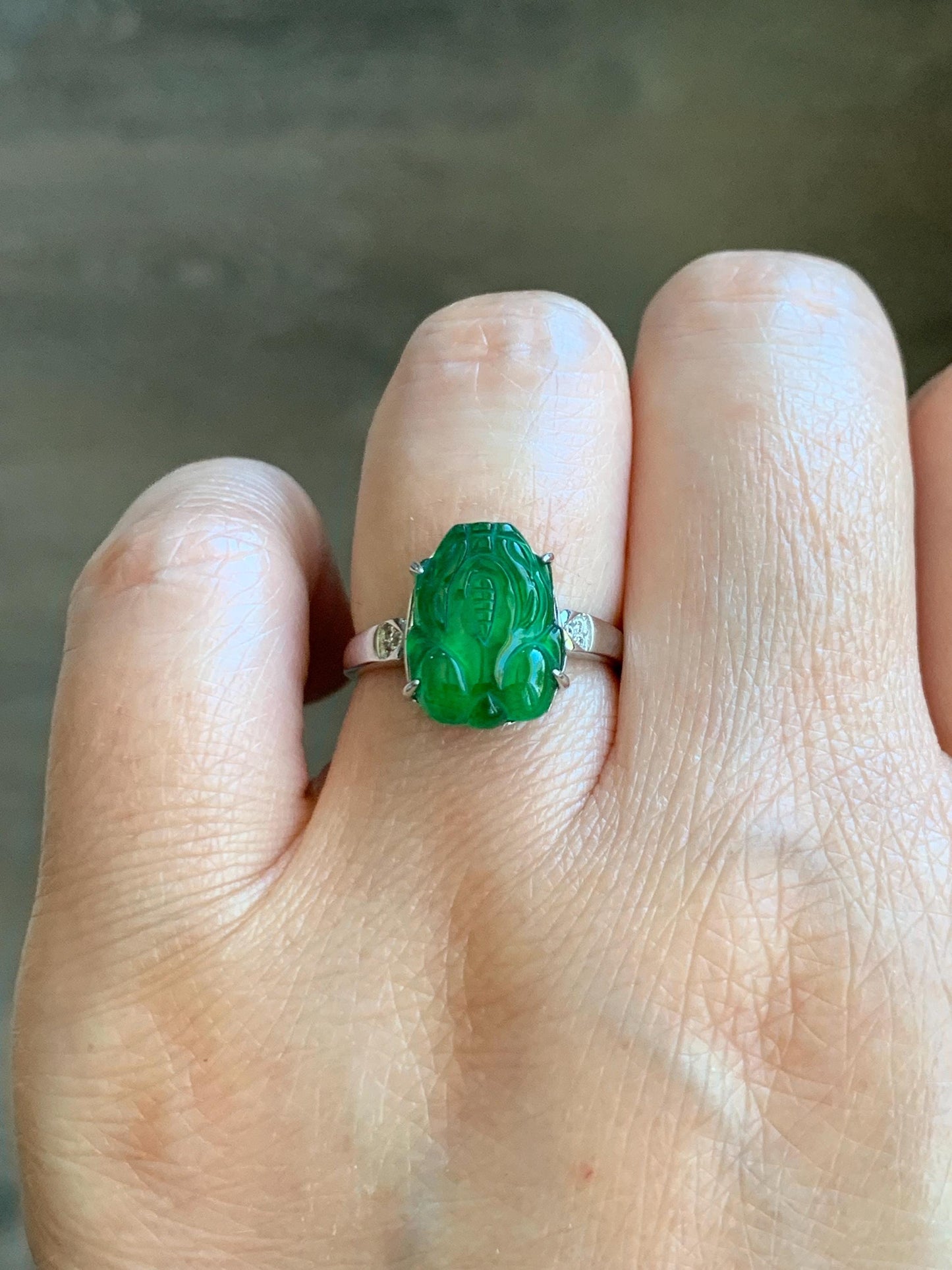 Natural Guatemalan Icy Translucent Vibrant Green Jadeite Carved Pixiu Ring S925 Sterling Silver Size 7 Adjustable 天然高冰危绿翡翠貔貅银镶戒指 WPX223-A