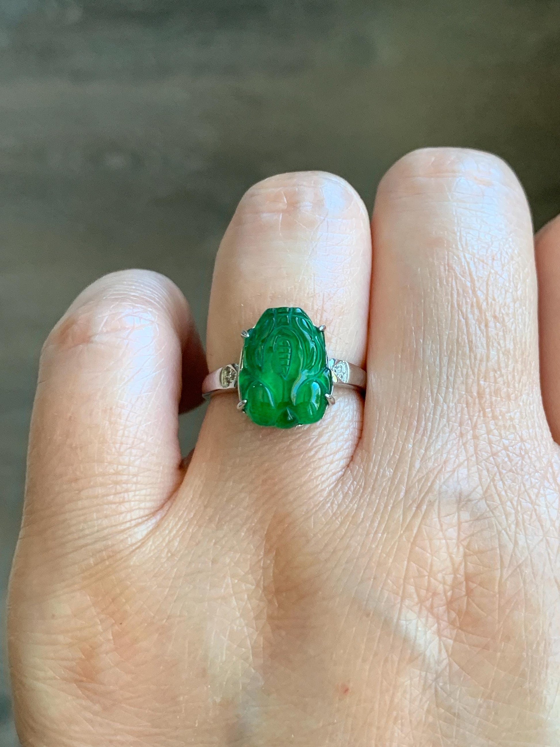 Natural Guatemalan Icy Translucent Vibrant Green Jadeite Carved Pixiu Ring S925 Sterling Silver Size 7 Adjustable 天然高冰危绿翡翠貔貅银镶戒指 WPX223-A