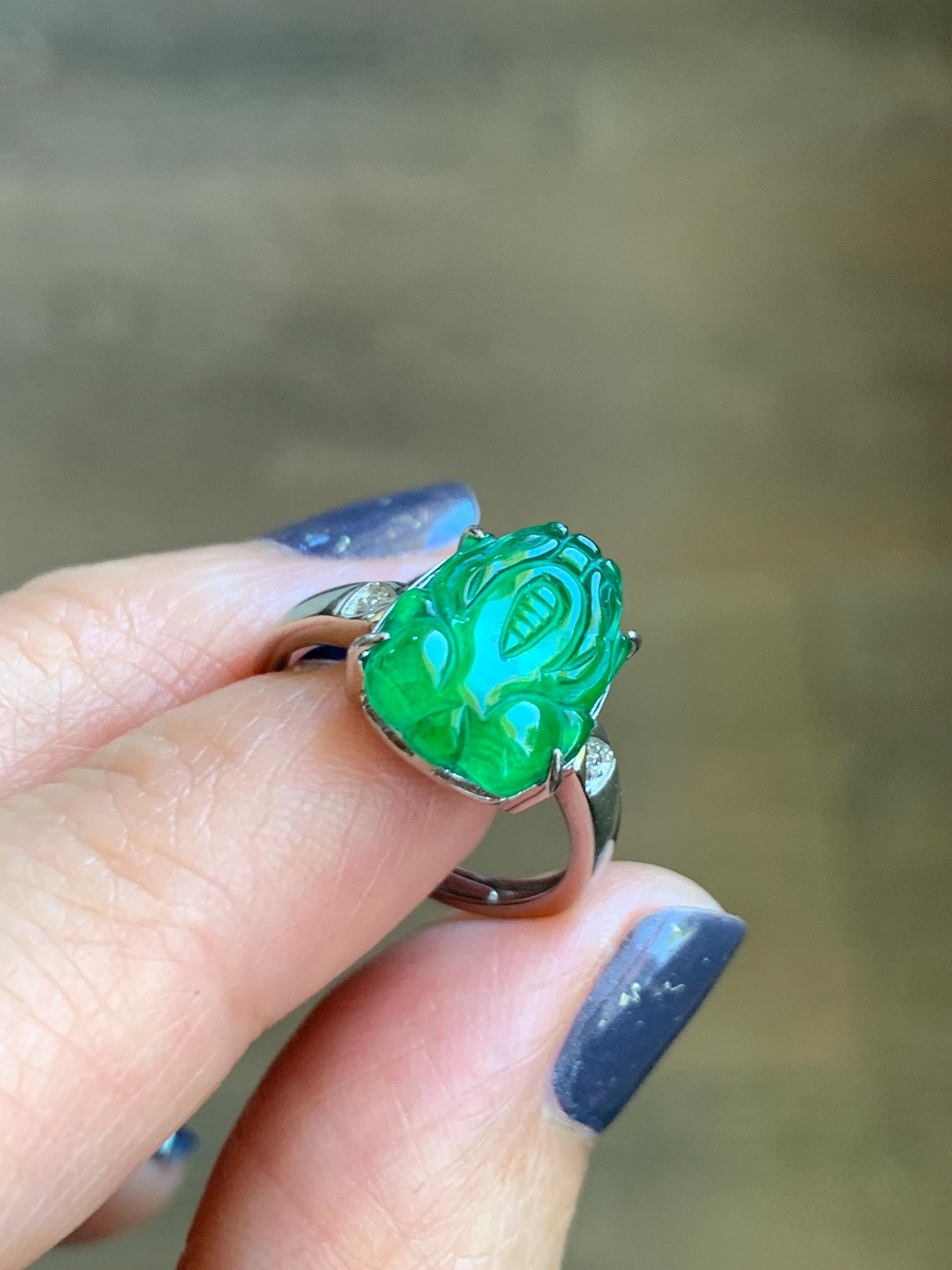 Natural Guatemalan Icy Translucent Vibrant Green Jadeite Carved Pixiu Ring S925 Sterling Silver Size 7 Adjustable 天然高冰危绿翡翠貔貅银镶戒指 WPX223-A
