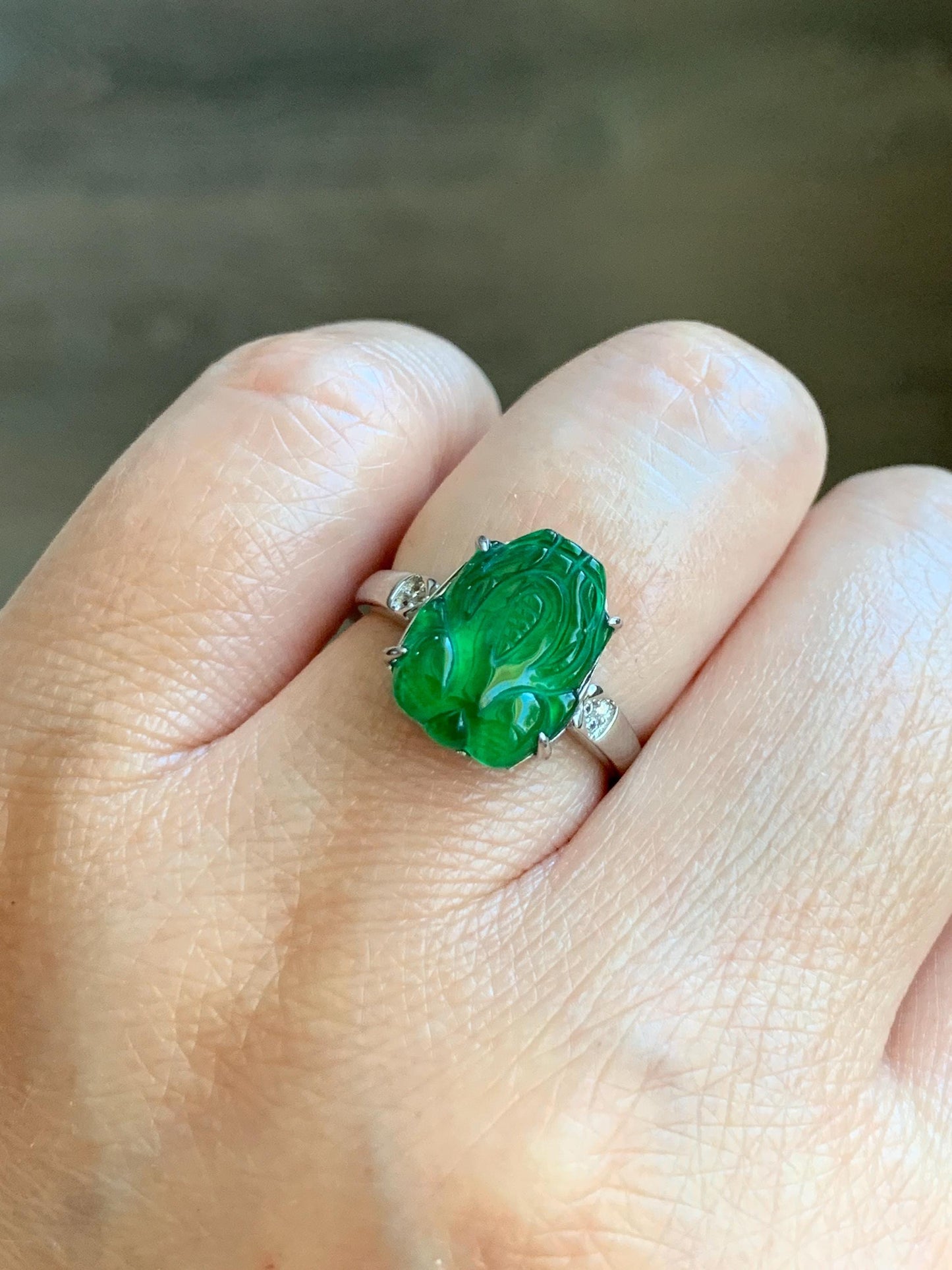 Natural Guatemalan Icy Translucent Vibrant Green Jadeite Carved Pixiu Ring S925 Sterling Silver Size 7 Adjustable 天然高冰危绿翡翠貔貅银镶戒指 WPX223-A
