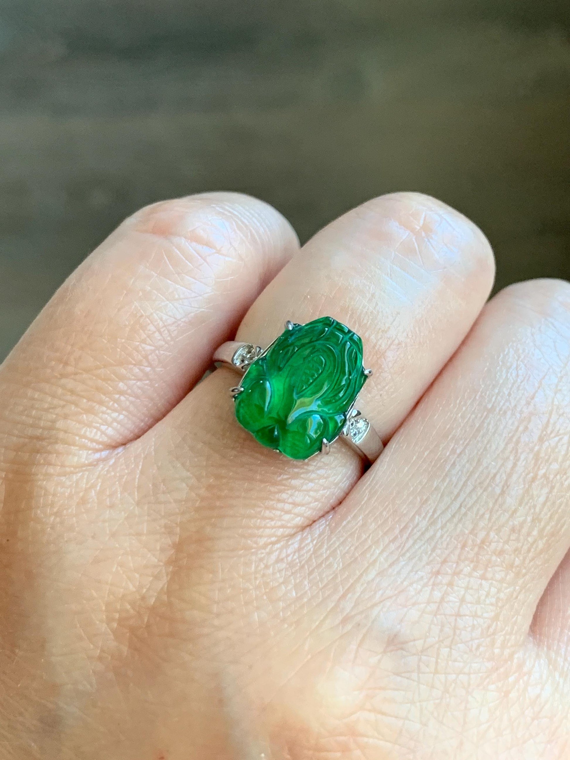 Natural Guatemalan Icy Translucent Vibrant Green Jadeite Carved Pixiu Ring S925 Sterling Silver Size 7 Adjustable 天然高冰危绿翡翠貔貅银镶戒指 WPX223-A