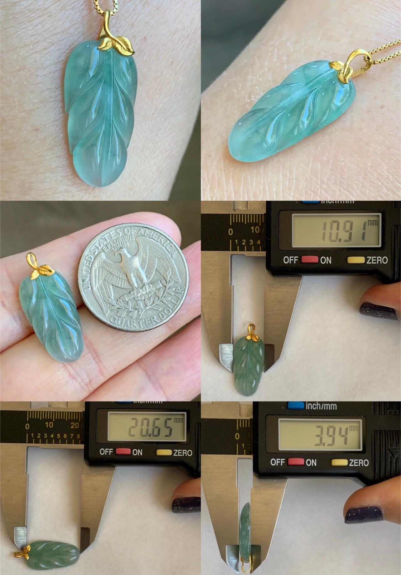 Natural Grade A Icy Highly Translucent Light Green Marbled Jade Jadeite Carved Leaf Petite Pendant 18K Yellow Gold 天然冰起光飘花翡翠大叶有成镶嵌小吊坠 XMY280
