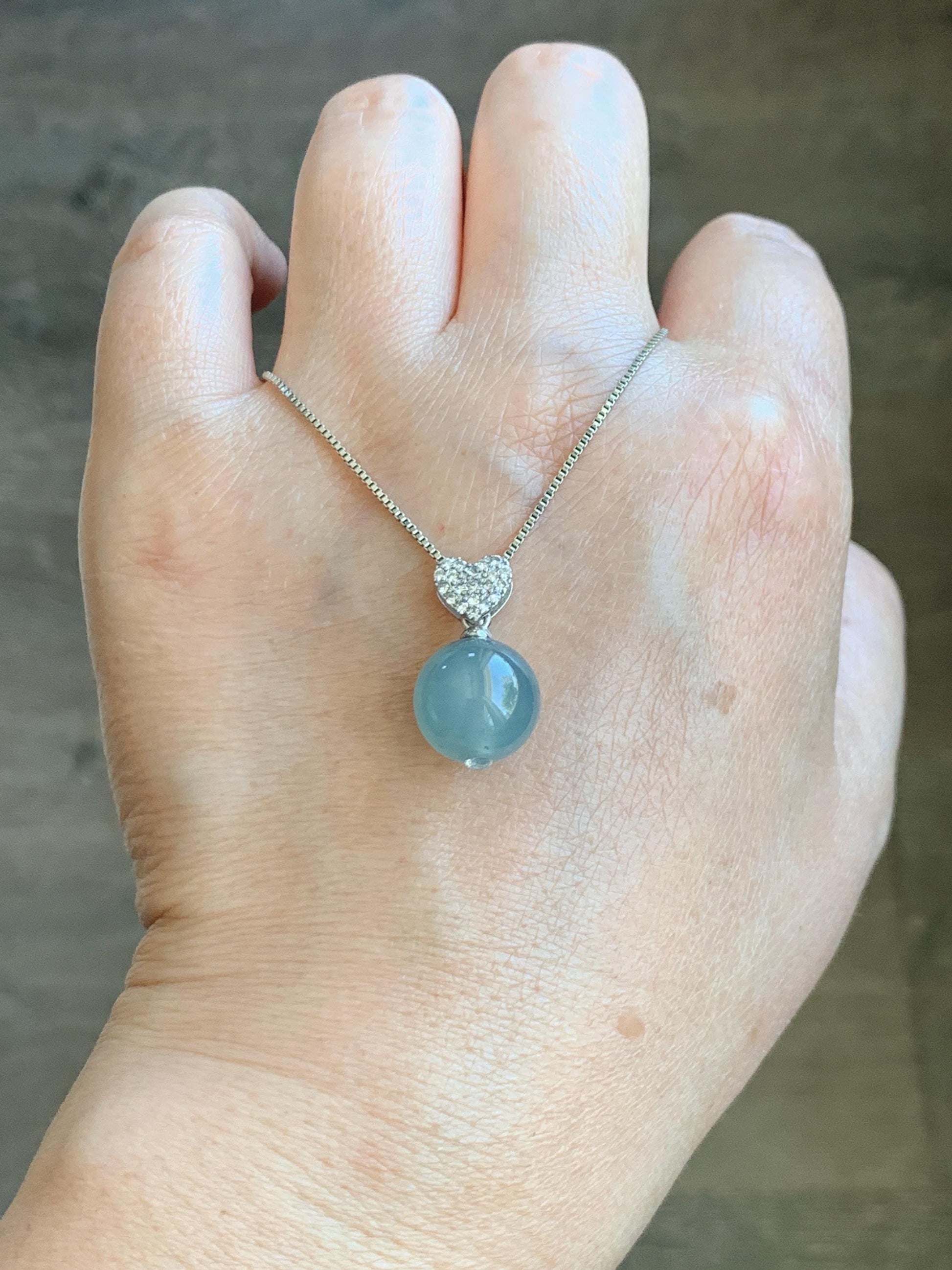 Natural Grade A Guatemalan Icy Highly Translucent Pastel Teal Blue Jade Jadeite Bead Sphere Pendant Sterling Silver 4g 天然冰危淡蓝翡翠单珠镶嵌吊坠 WTL150