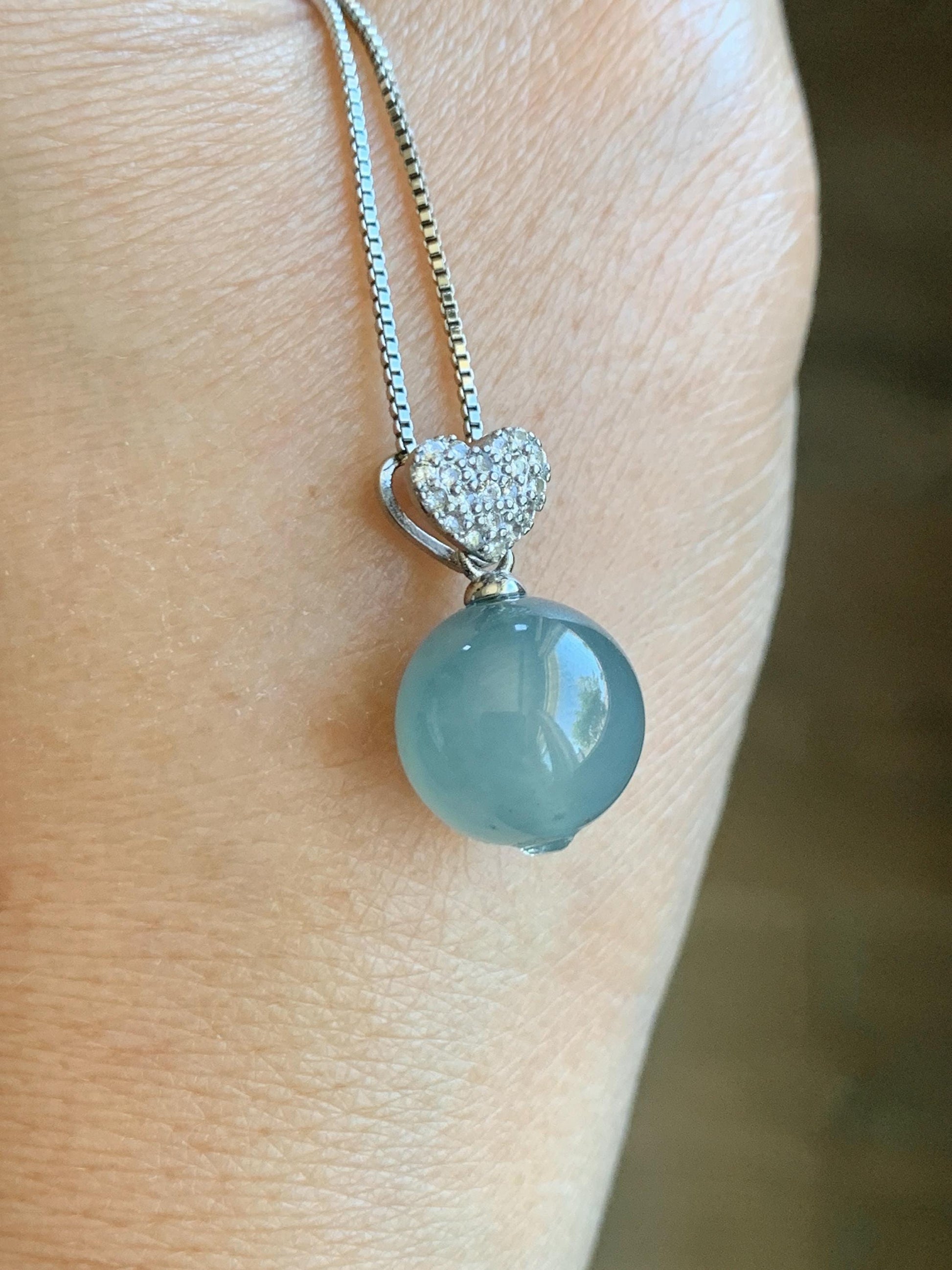 Natural Grade A Guatemalan Icy Highly Translucent Pastel Teal Blue Jade Jadeite Bead Sphere Pendant Sterling Silver 4g 天然冰危淡蓝翡翠单珠镶嵌吊坠 WTL150