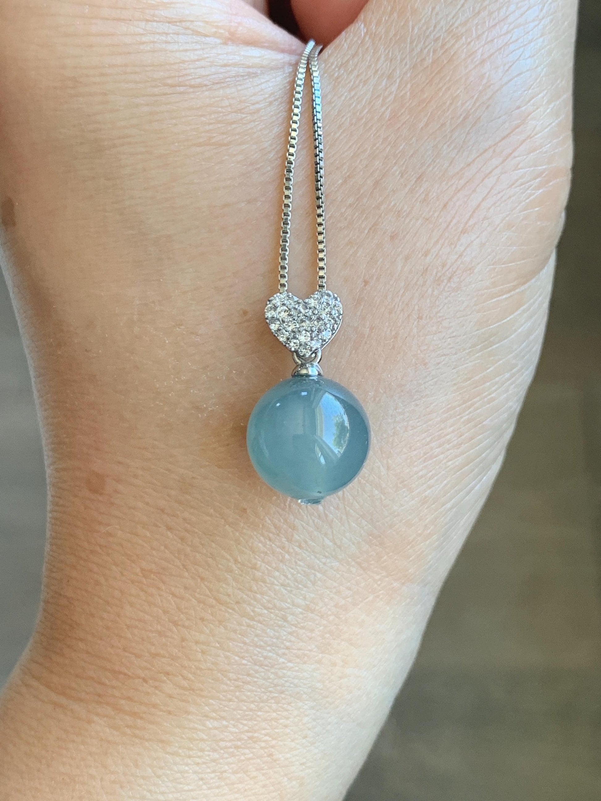 Natural Grade A Guatemalan Icy Highly Translucent Pastel Teal Blue Jade Jadeite Bead Sphere Pendant Sterling Silver 4g 天然冰危淡蓝翡翠单珠镶嵌吊坠 WTL150