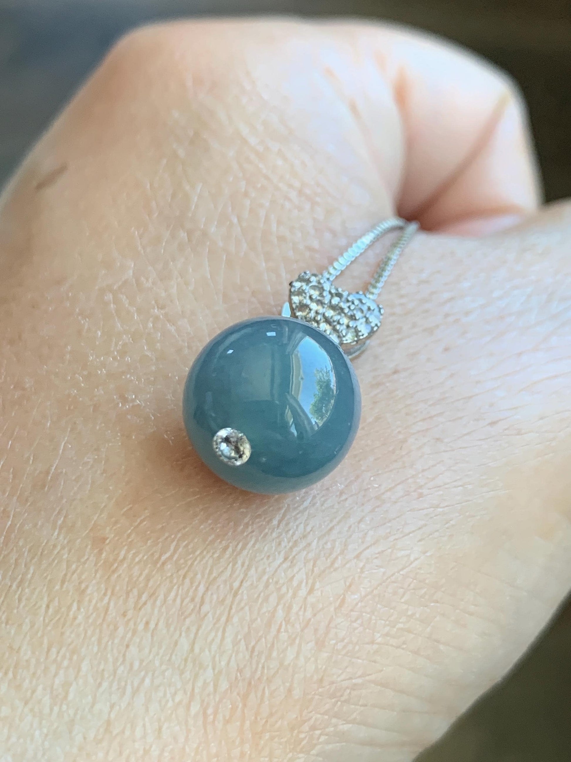 Natural Grade A Guatemalan Icy Translucent Dusty Teal Blue Jade Jadeite Bead Sphere Pendant Sterling Silver 4g 天然冰危蓝翡翠单珠镶嵌吊坠 WLZ75